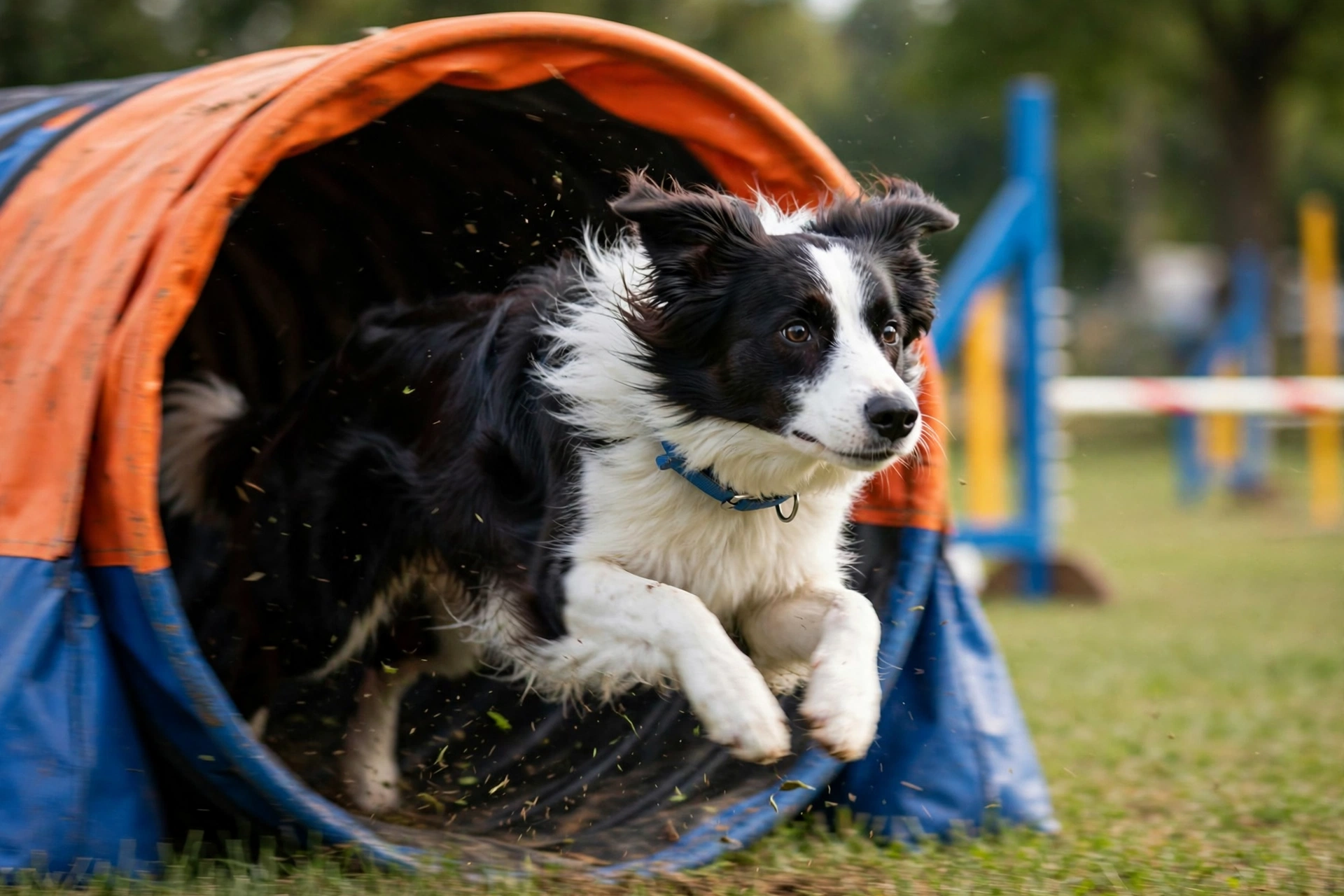 Border Collie wearing a lightweight collar sprinting through an agility tunnel