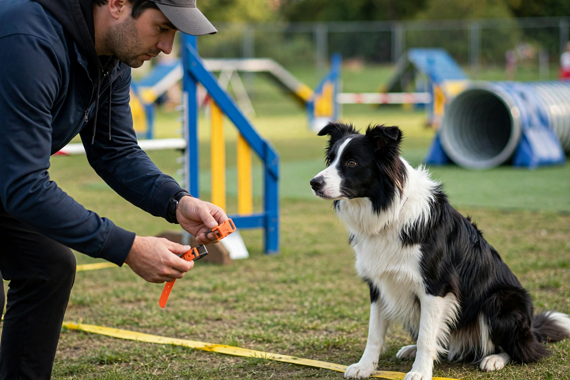Handler removing a quick-release collar at the agility start line before a run