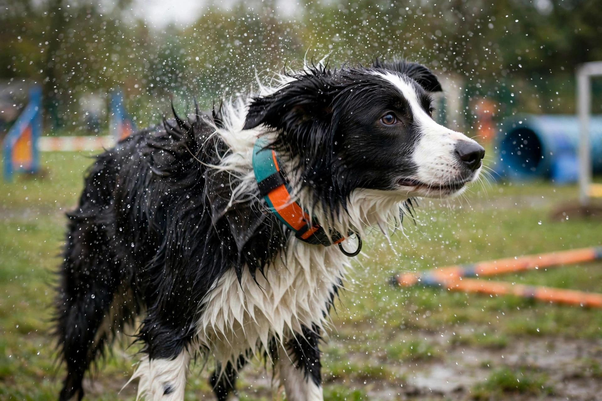 Agility dog shaking off water after outdoor training, wearing a waterproof Biothane collar