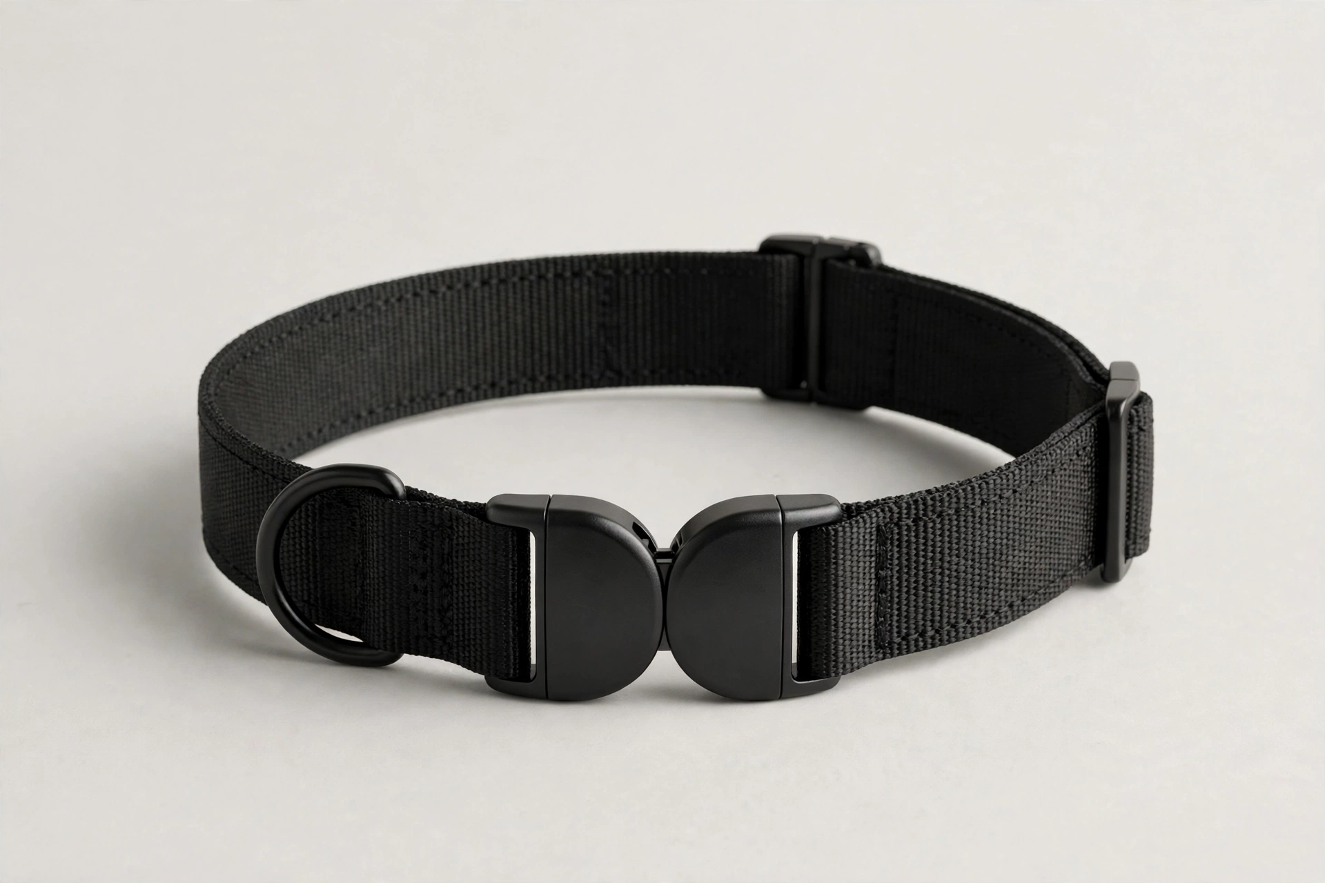DHTails black magnetic quick release dog collar, editorial product photo