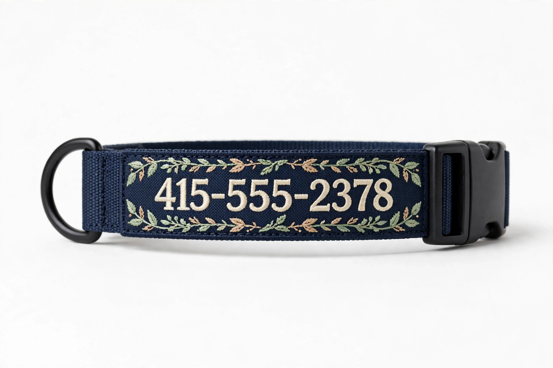 Embroidered personalized dog collar with no hanging tags, editorial product photo
