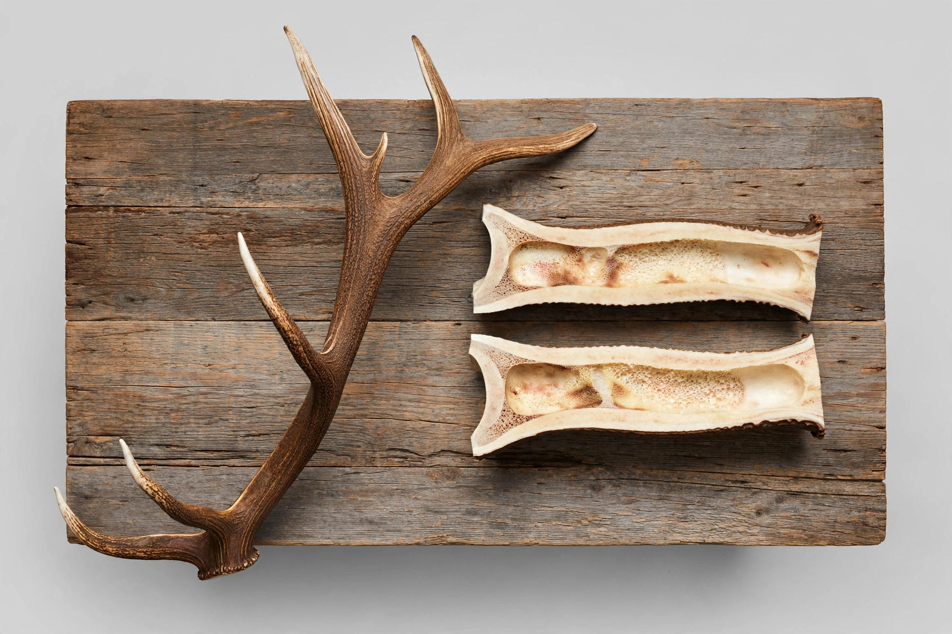 large German shepherd power-chewing a whole elk antler outdoors