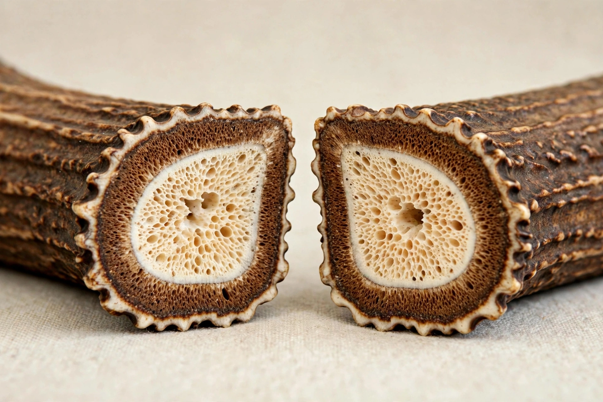close-up of split antler cross-section showing marrow and dense outer bone