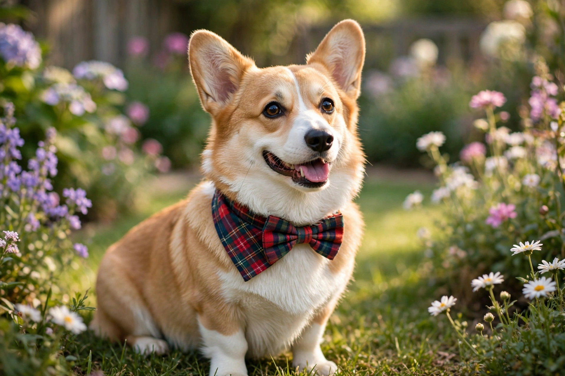 Golden Retriever wearing a plaid bandana collar