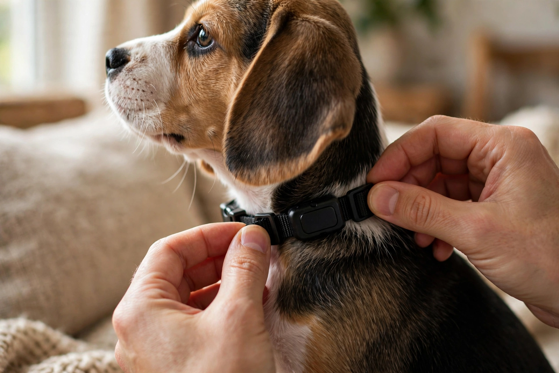 Hands gently fitting a small no-shock bark collar around a puppy's neck in soft natural light