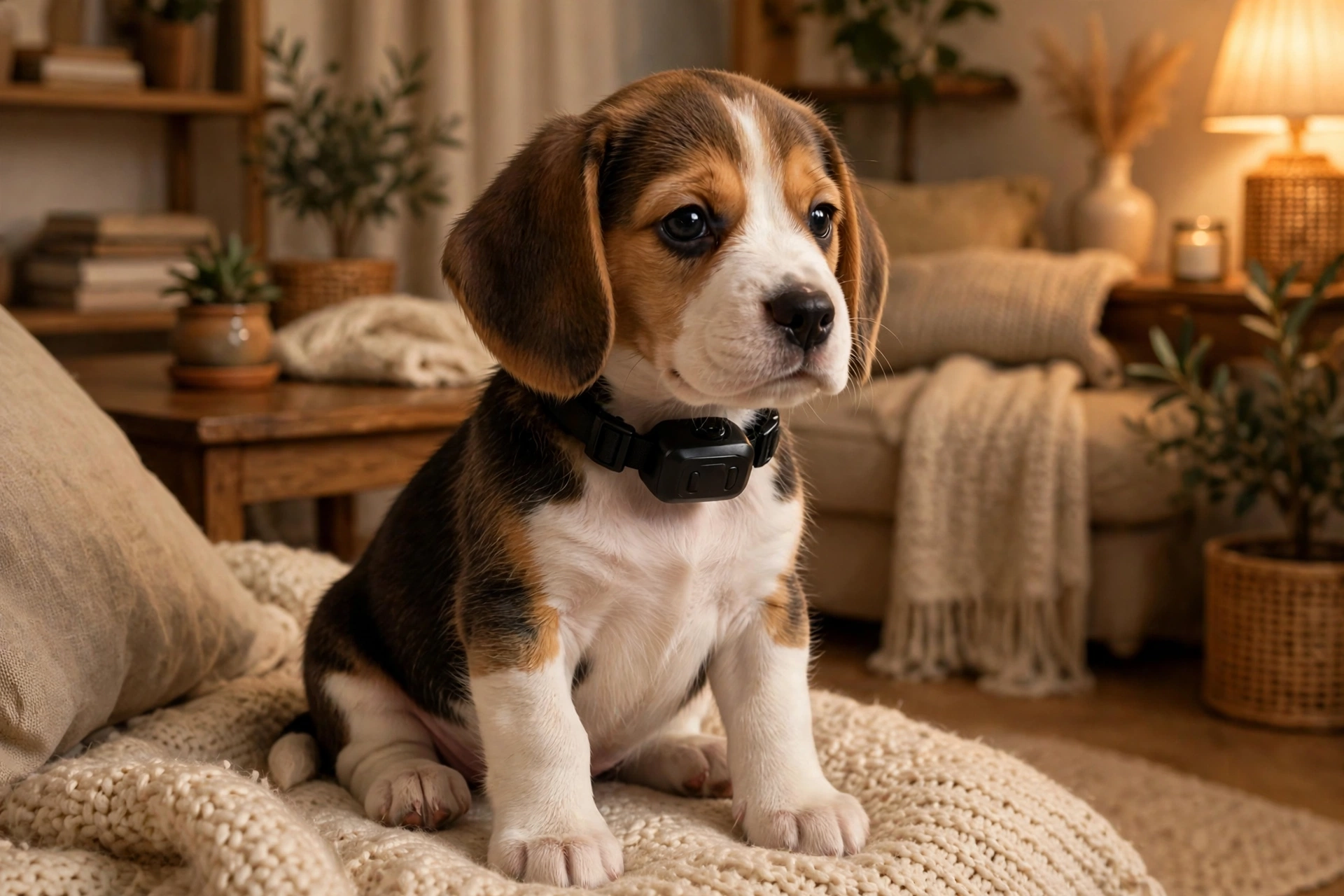 Beagle puppy sitting calmly indoors wearing a small black vibration bark collar