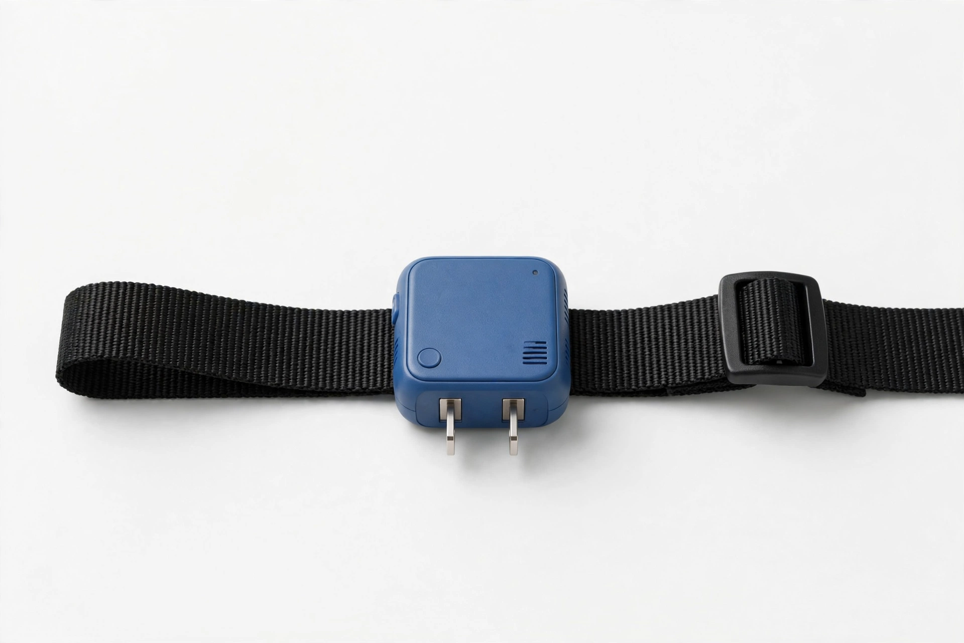 DogRook blue no-shock rechargeable bark collar with nylon strap, editorial product photo