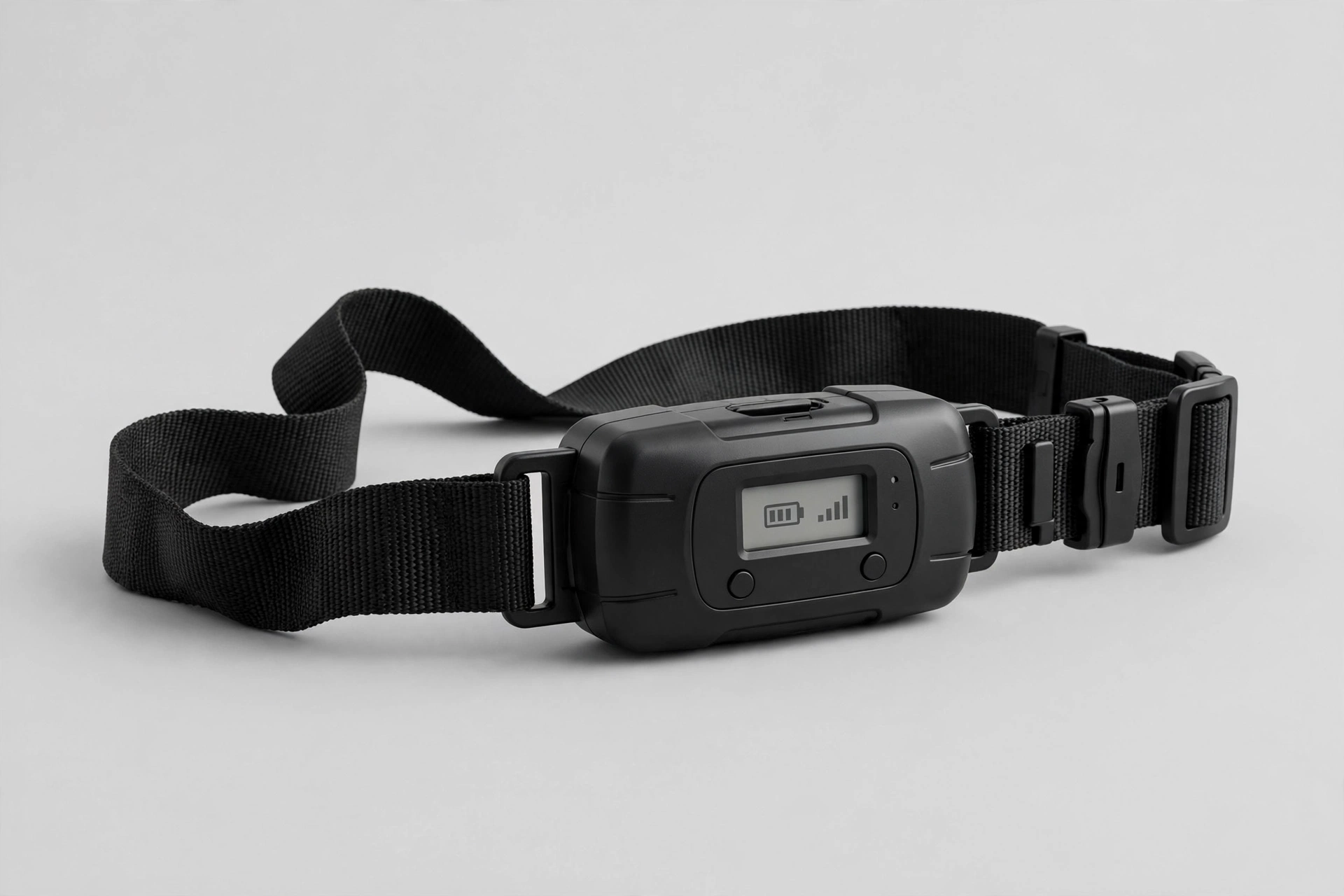 NBJU black bark collar with digital display and adjustable nylon strap, editorial product photo
