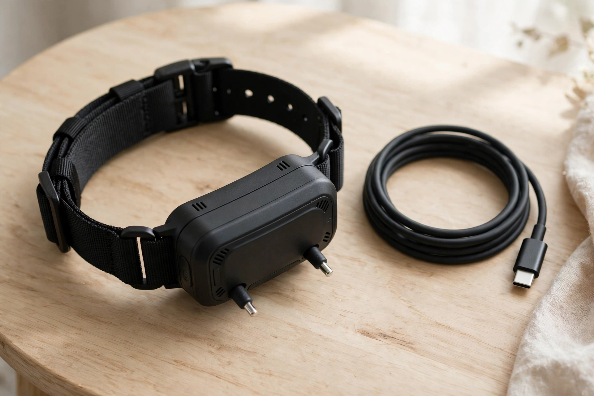 PatteSage black no-shock bark collar with USB-C charging cable on a wooden table, editorial product photo