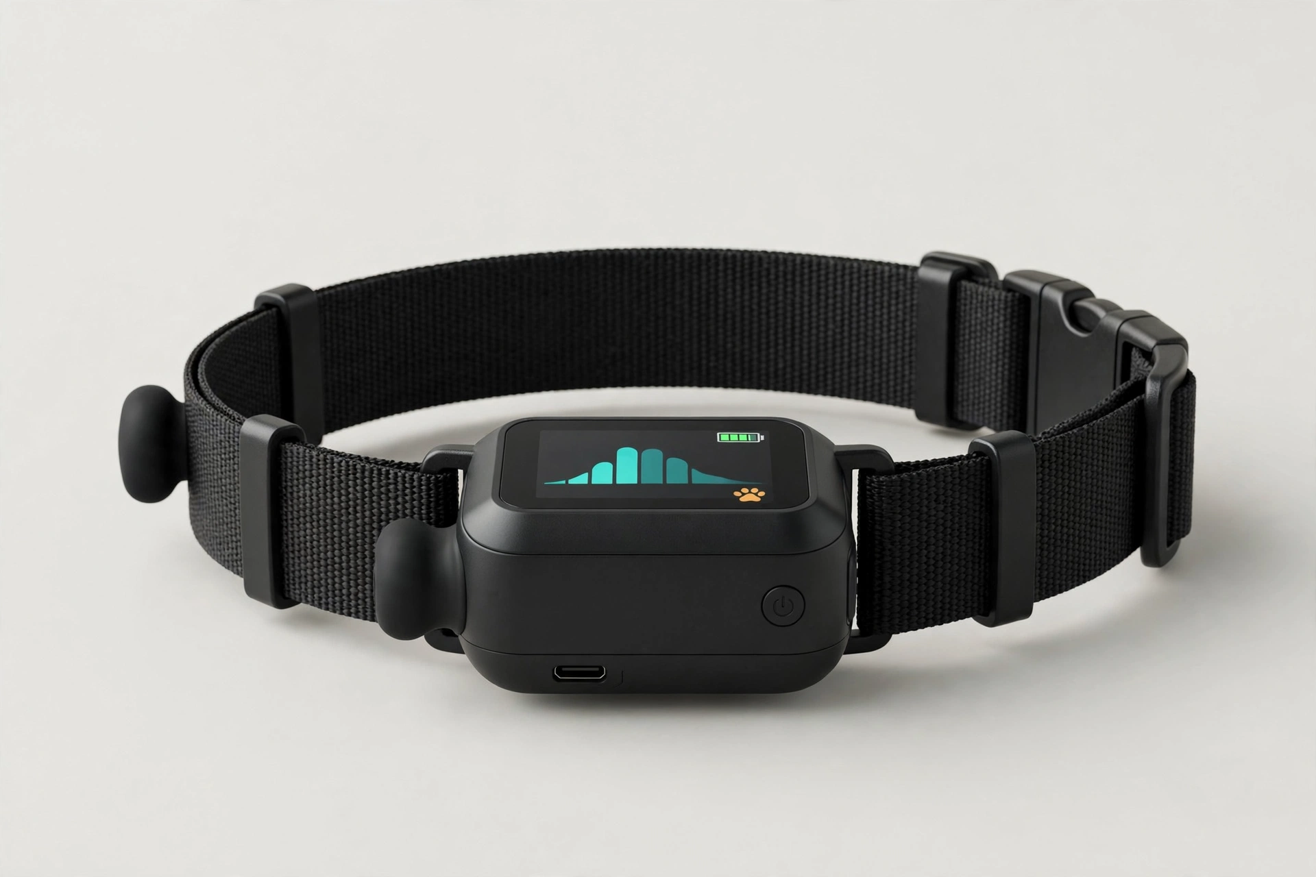 FAFAFROG black smart bark collar with color display and nylon strap, editorial product photo