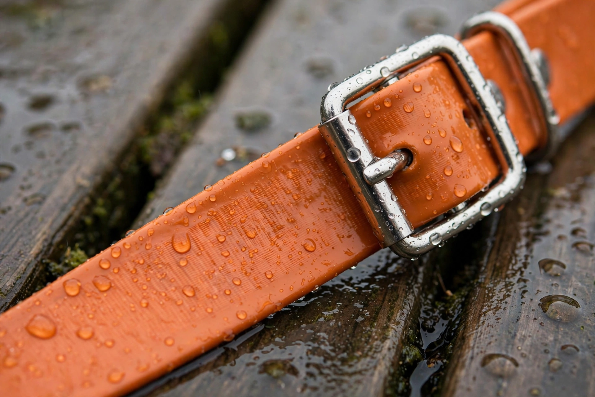 Close-up of Biothane coated webbing texture with metal buckle