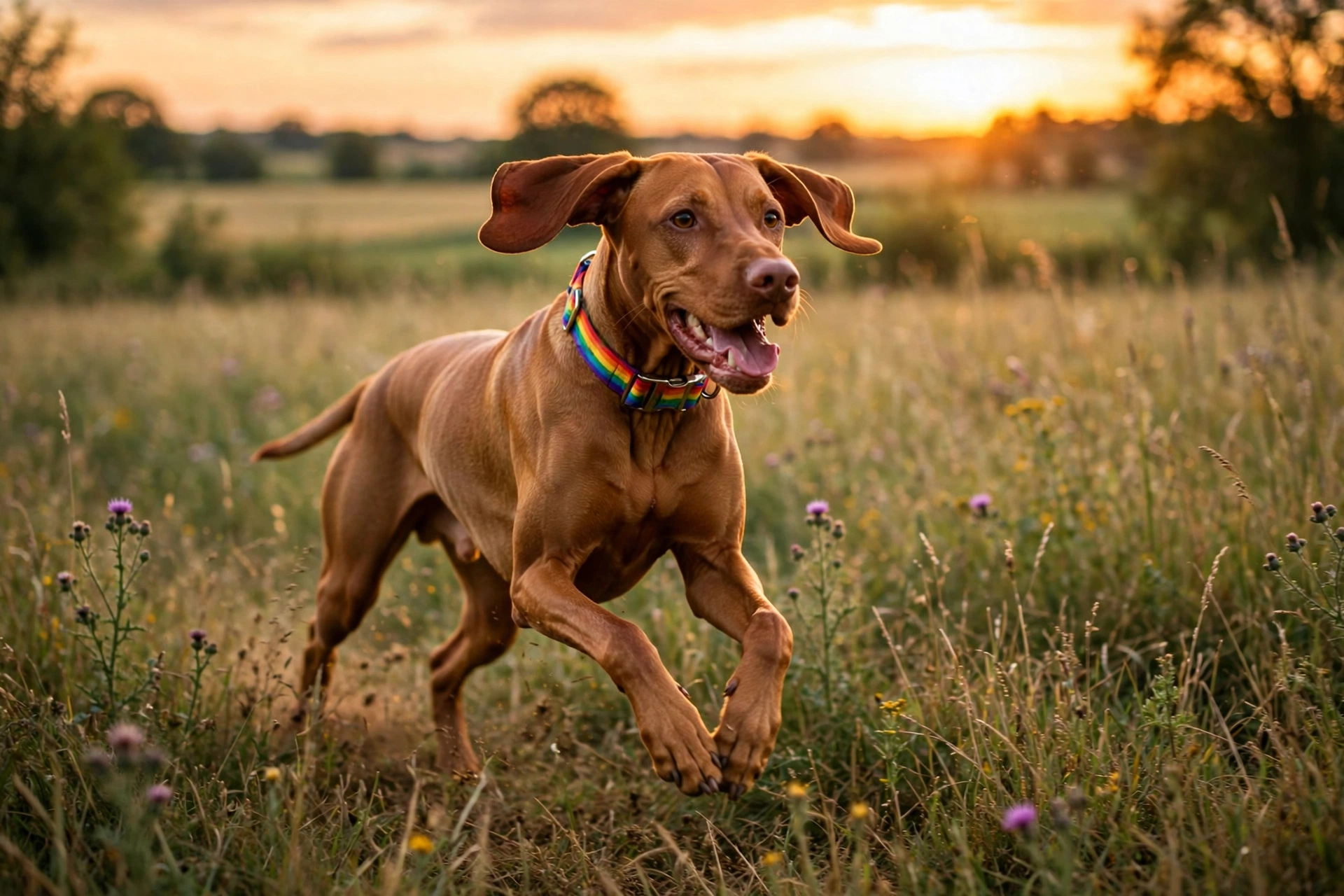 Vizsla running through a field wearing a colorful Biothane collar
