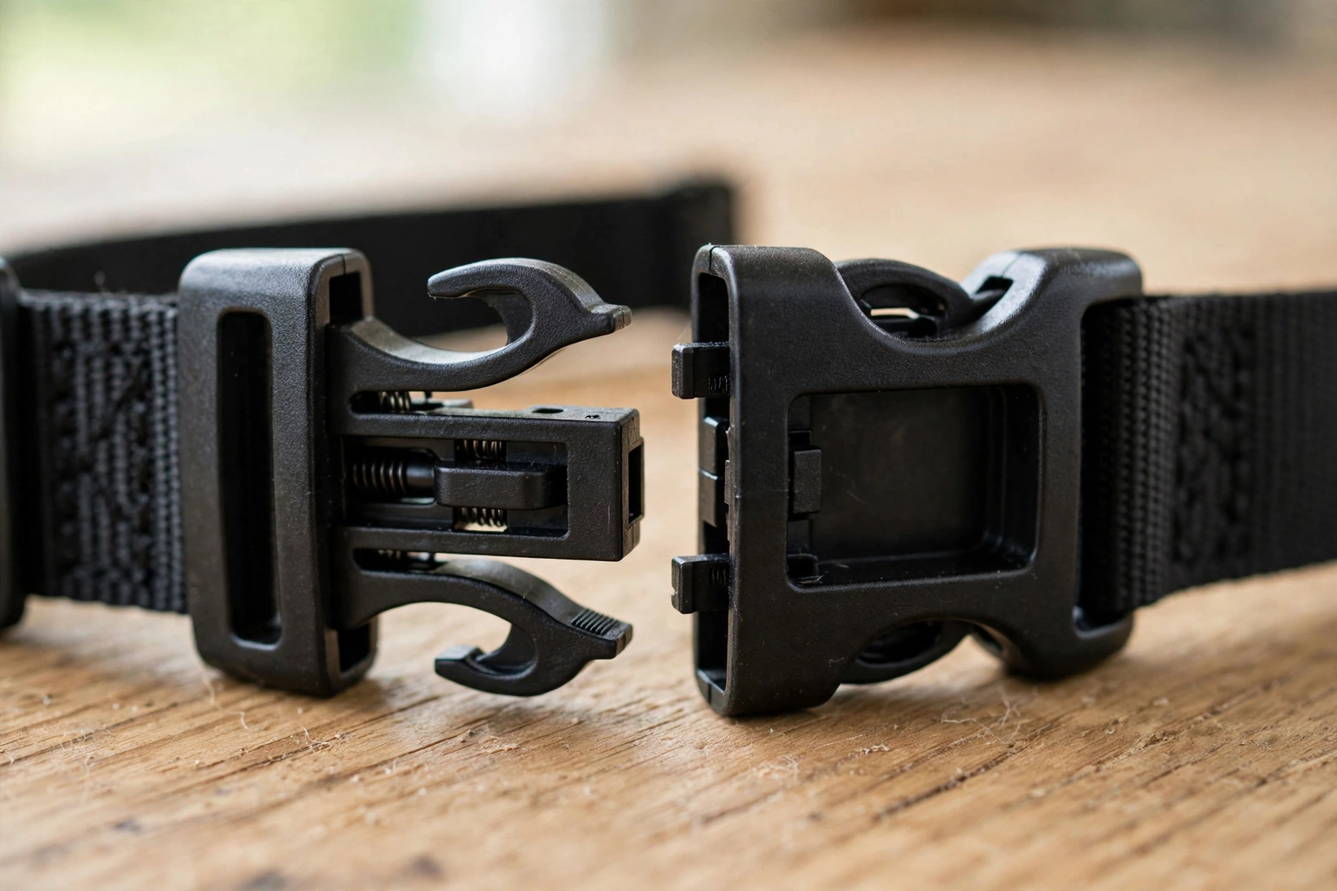 Close-up of a breakaway collar buckle mechanism in open position