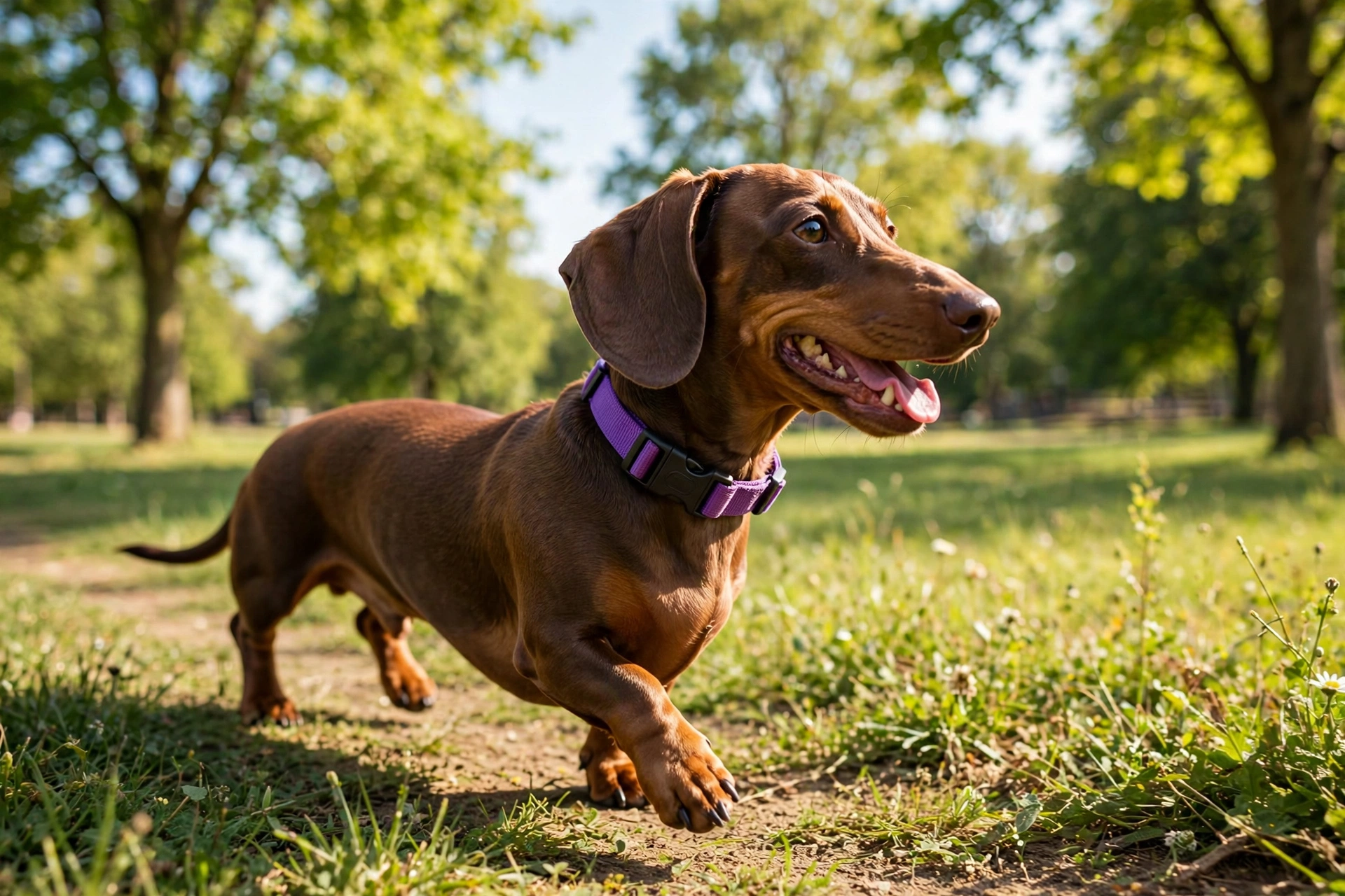 Dachshund wearing a breakaway collar walking in a park