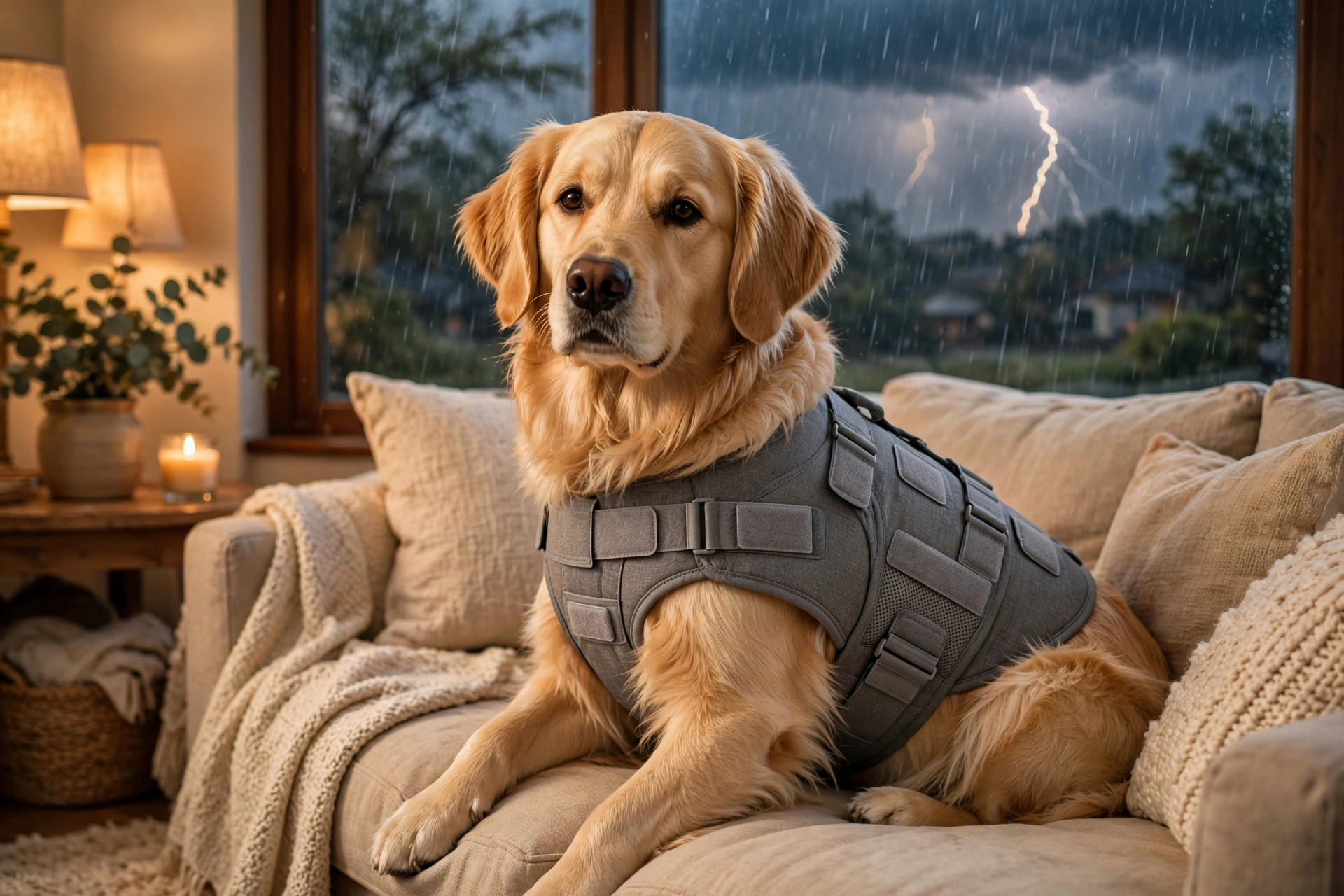 golden retriever wearing a gray calming vest on a couch during a thunderstorm