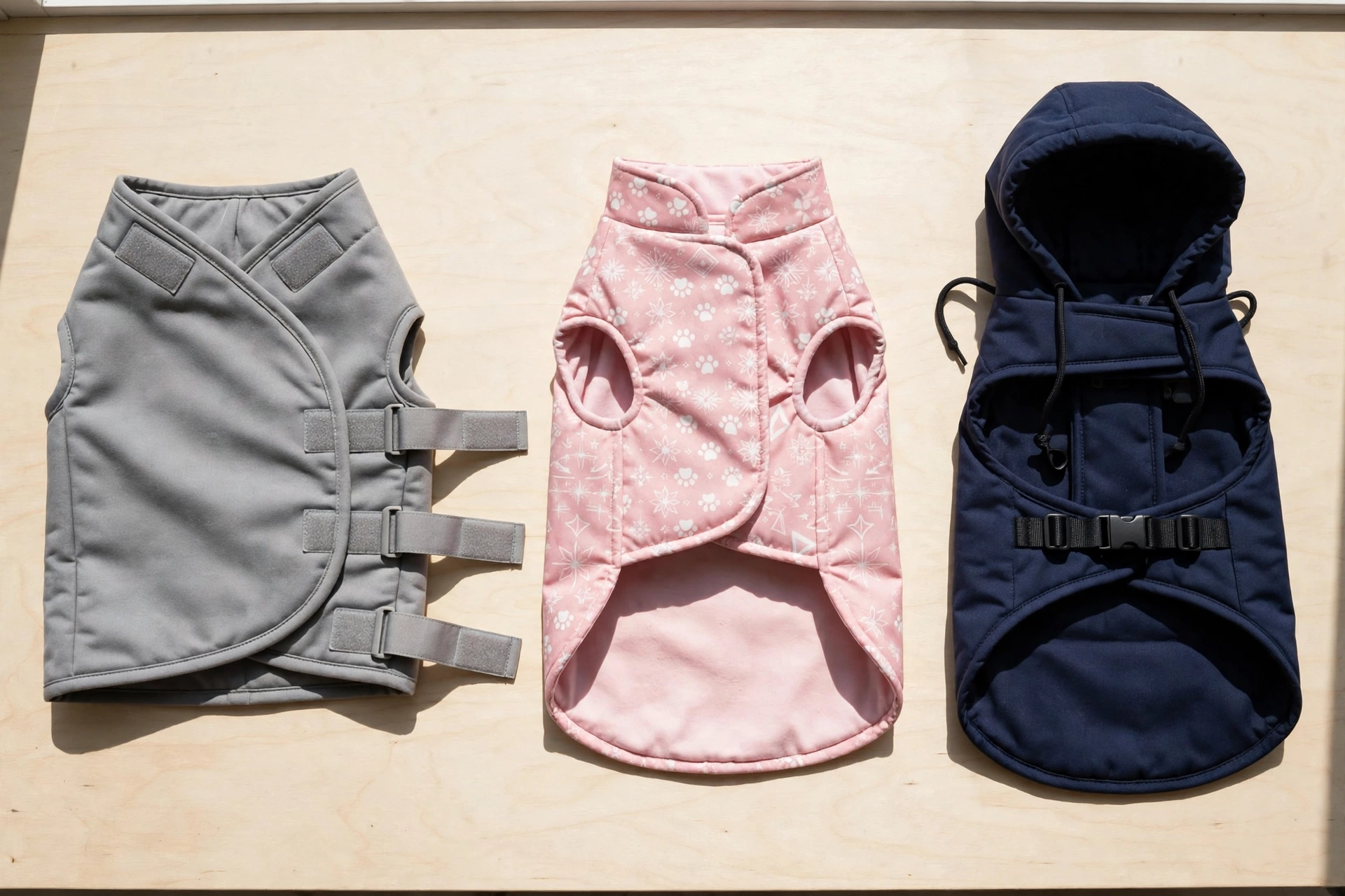 flat lay of three different dog calming vests on a wooden surface