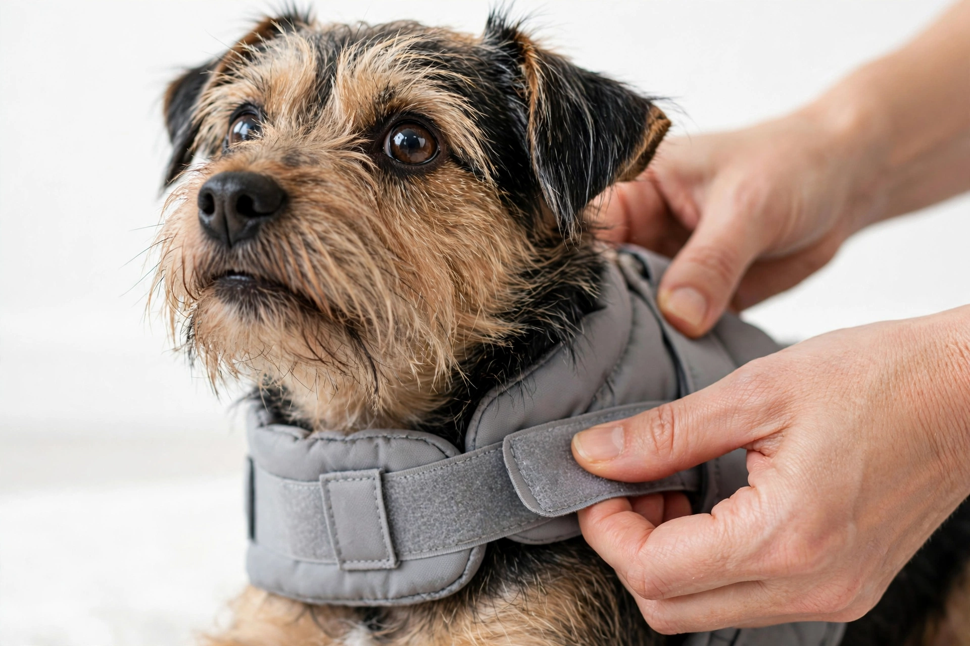 woman gently wrapping a small terrier in a gray pressure vest