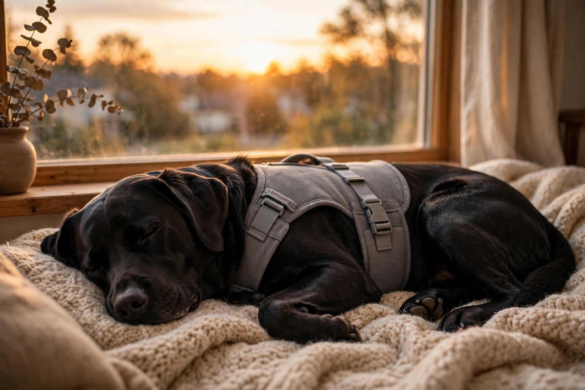 black labrador asleep on a blanket wearing a gray calming vest