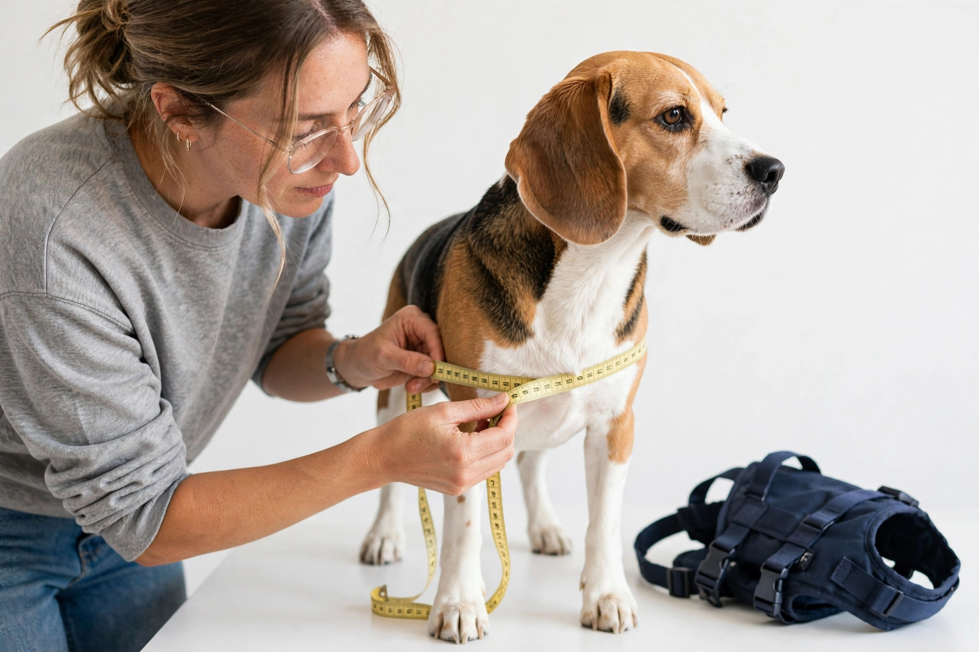 woman measuring a beagle's chest with a tape measure