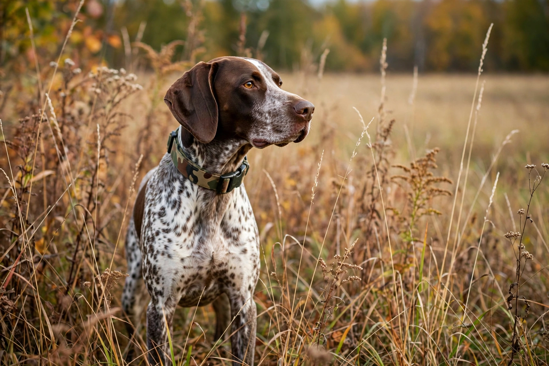 Hunting dog wearing a camouflage collar in a wetland field