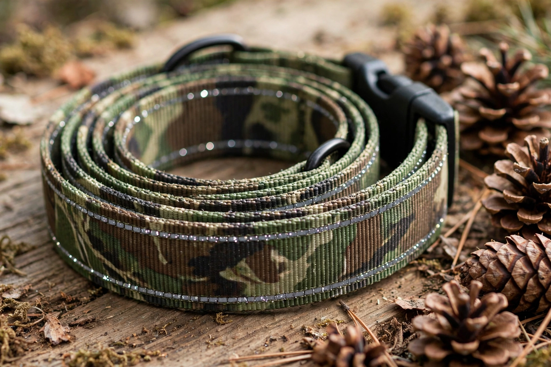 Close-up of camouflage collar webbing patterns and buckle