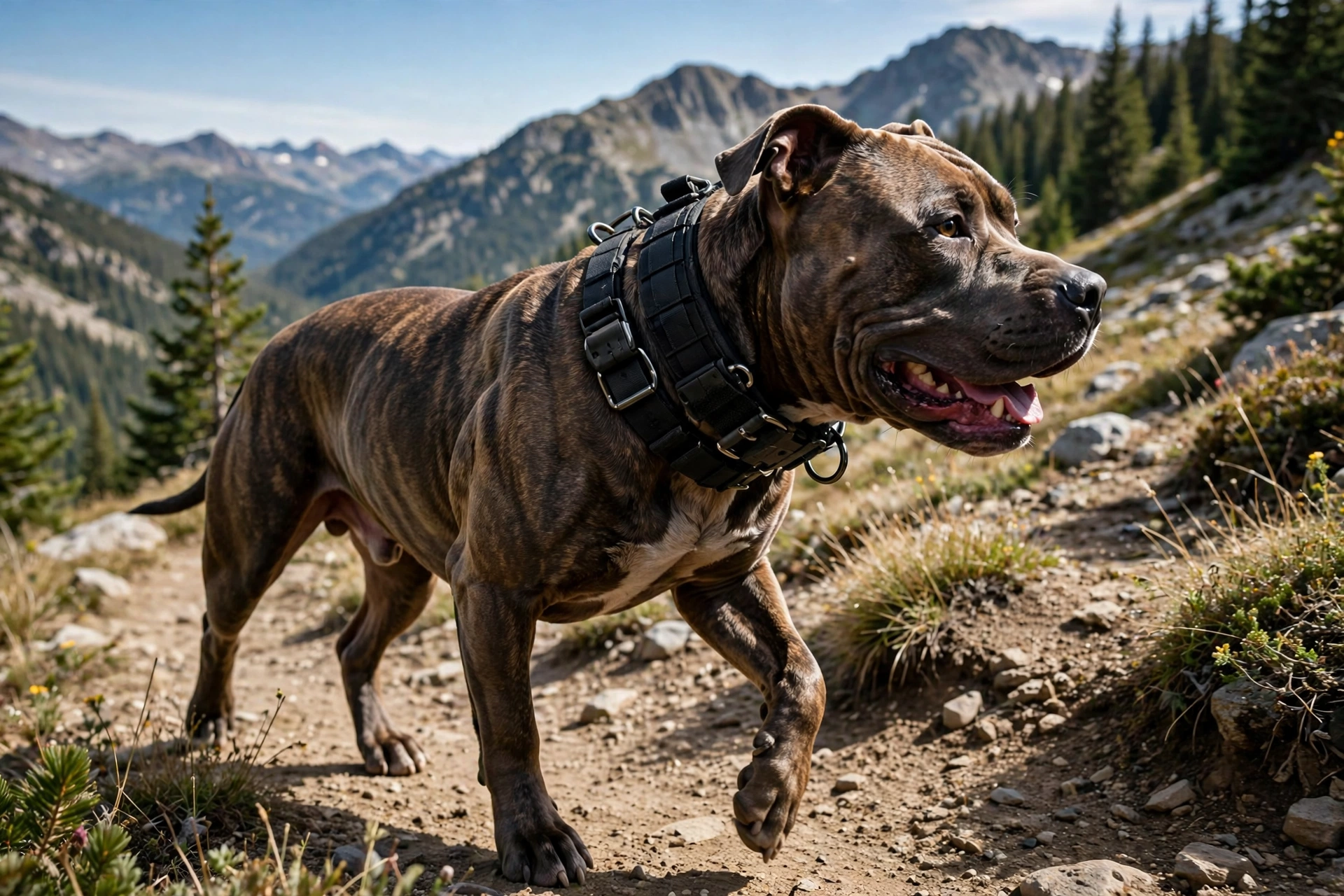 Powerful pit bull type dog wearing a heavy-duty tactical collar with metal buckle on a hike