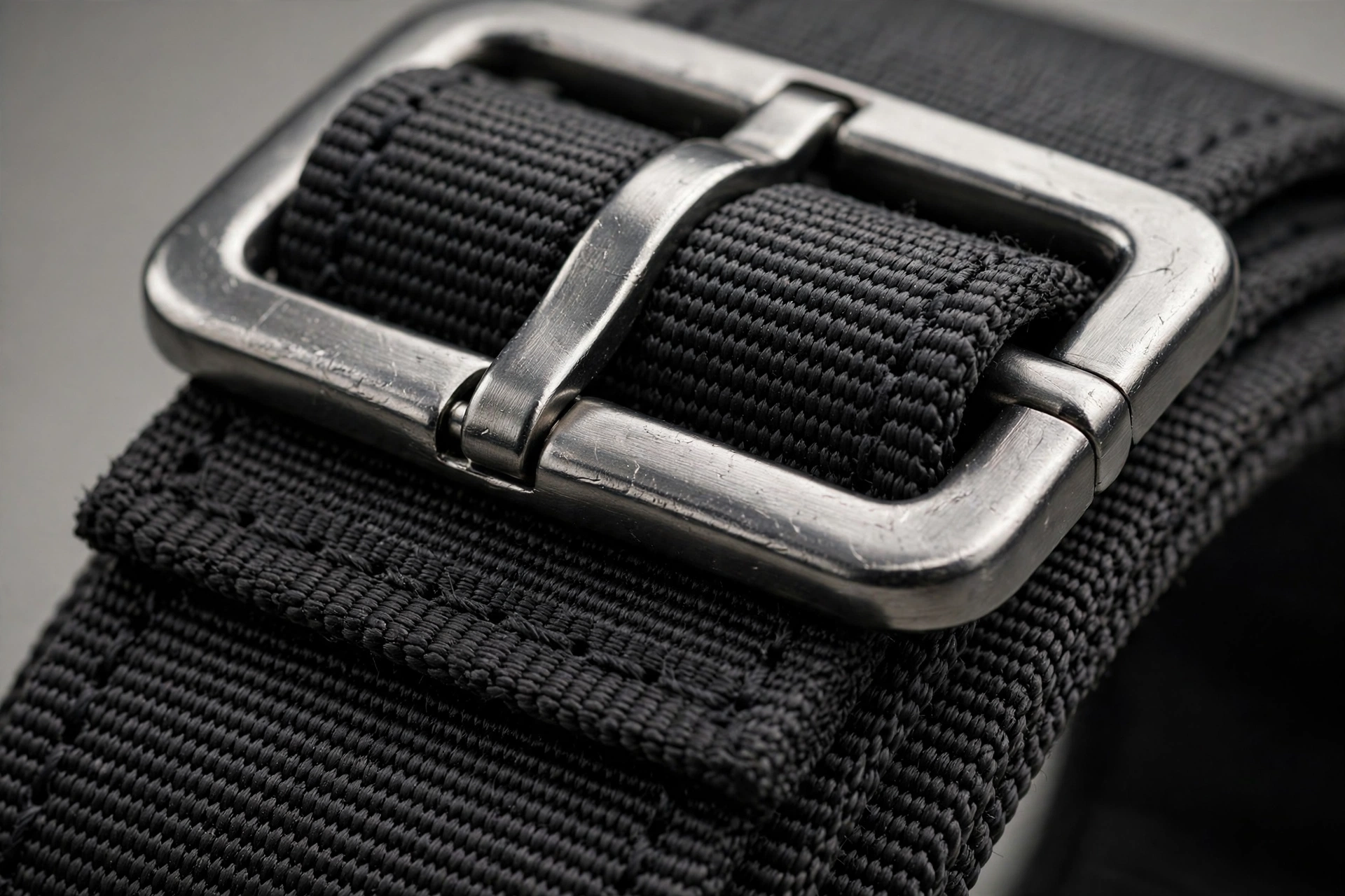 Close-up of a metal buckle and double-layer nylon webbing on a heavy-duty dog collar