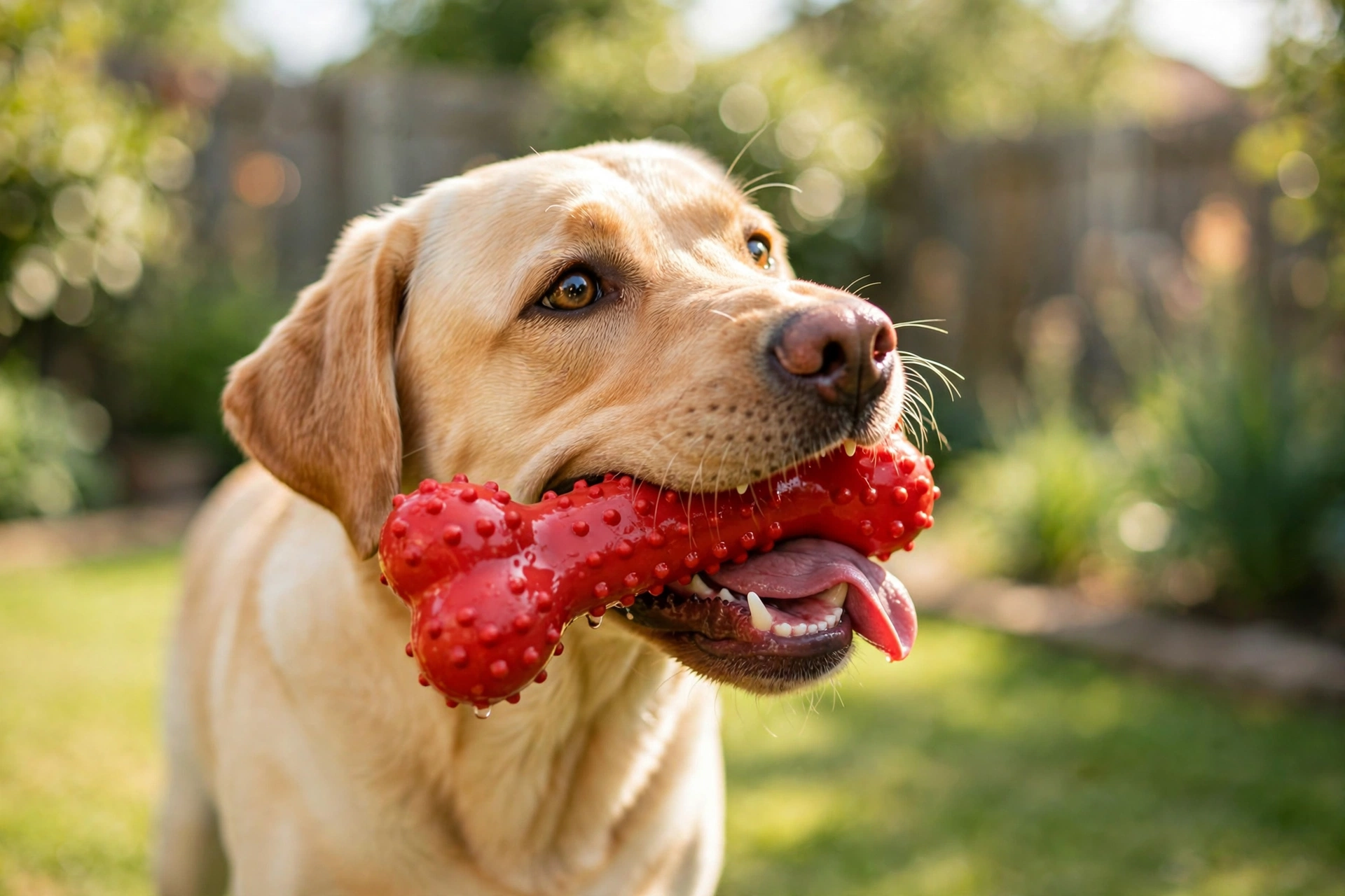 Dog happily chewing a rubber chew toy in a backyard, an appropriate outlet for chewing behavior