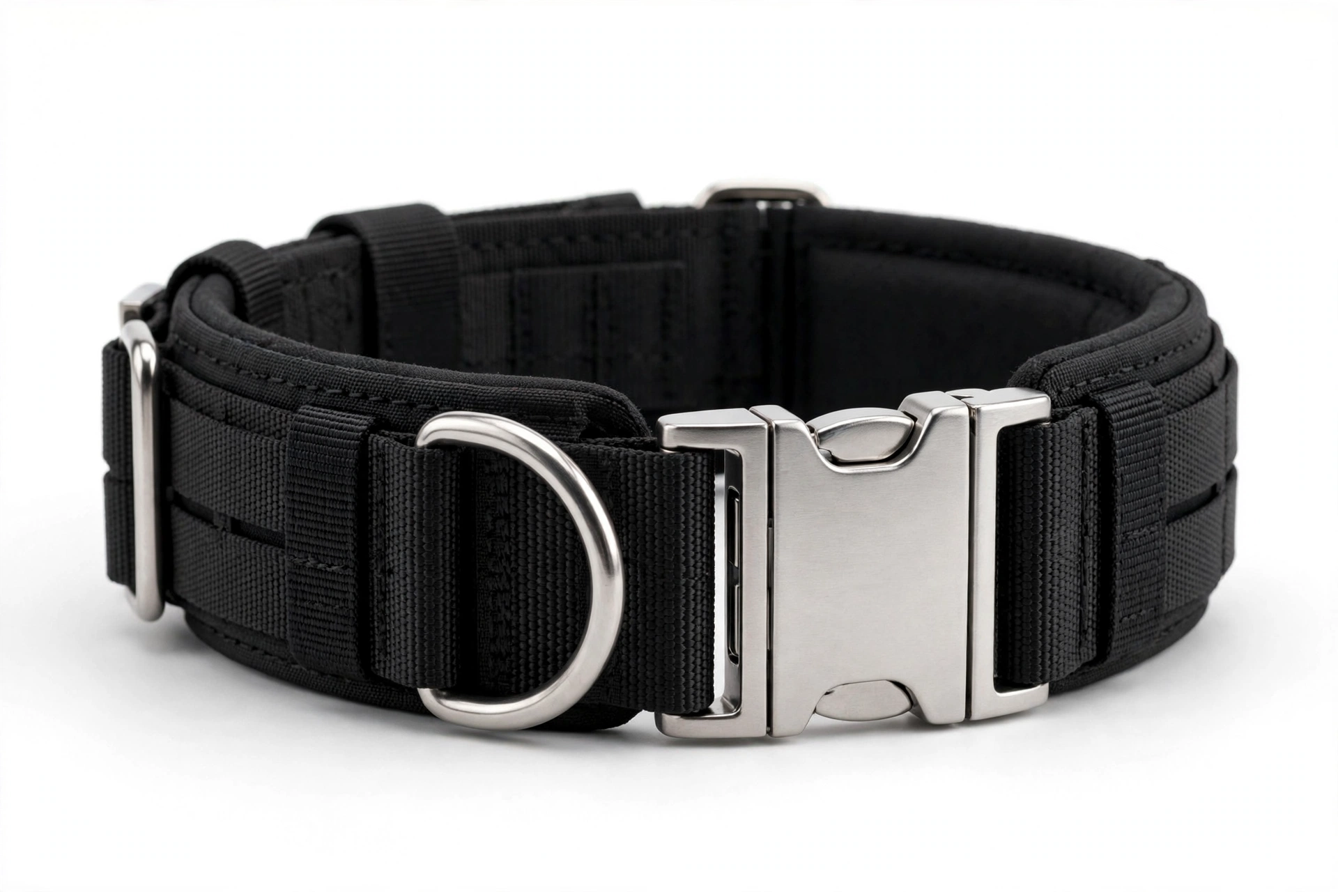 PawsPassion black heavy-duty tactical dog collar with metal COBRA-style buckle, editorial product photo