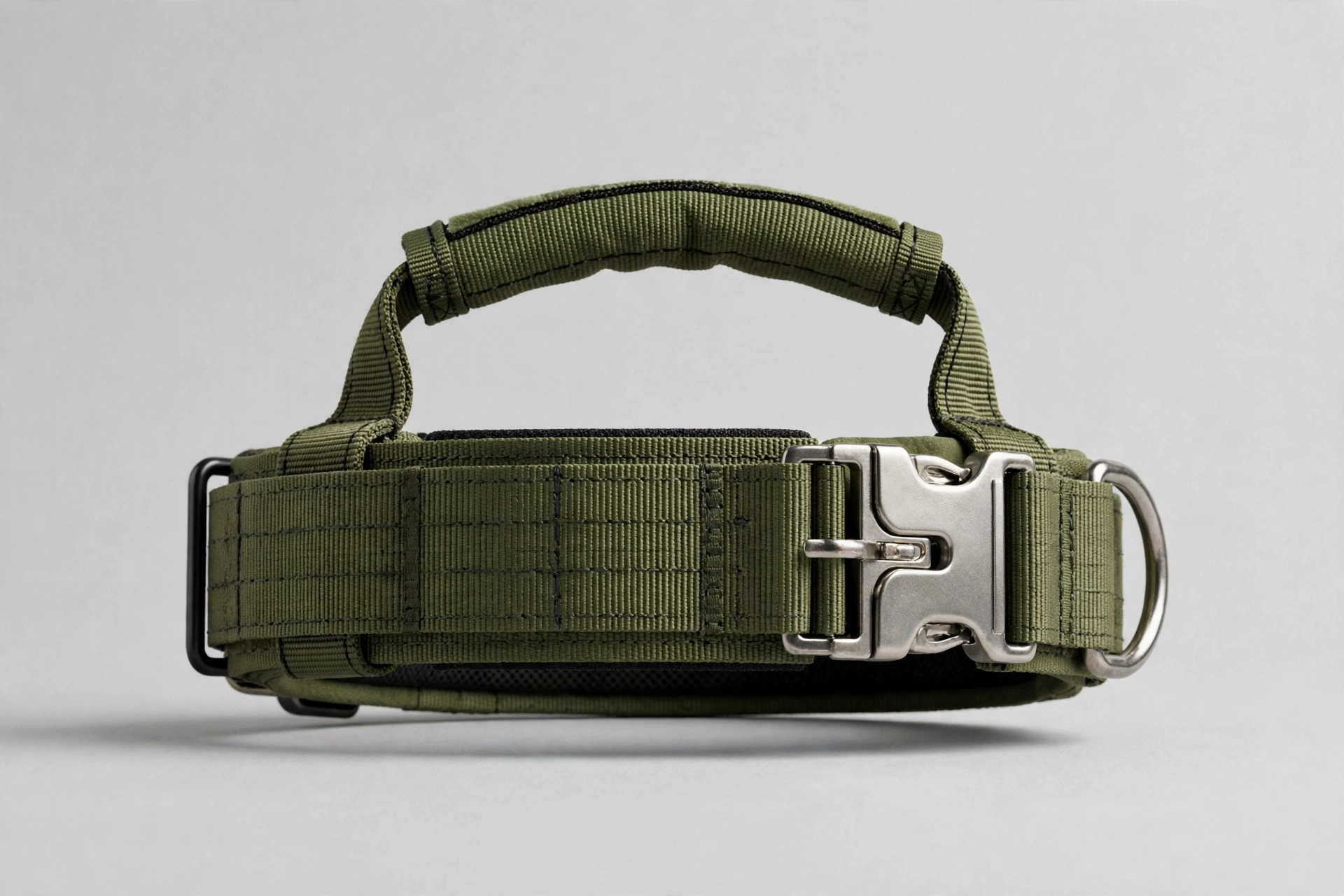 KCUCOP military green tactical dog collar with grab handle and metal buckle, editorial product photo