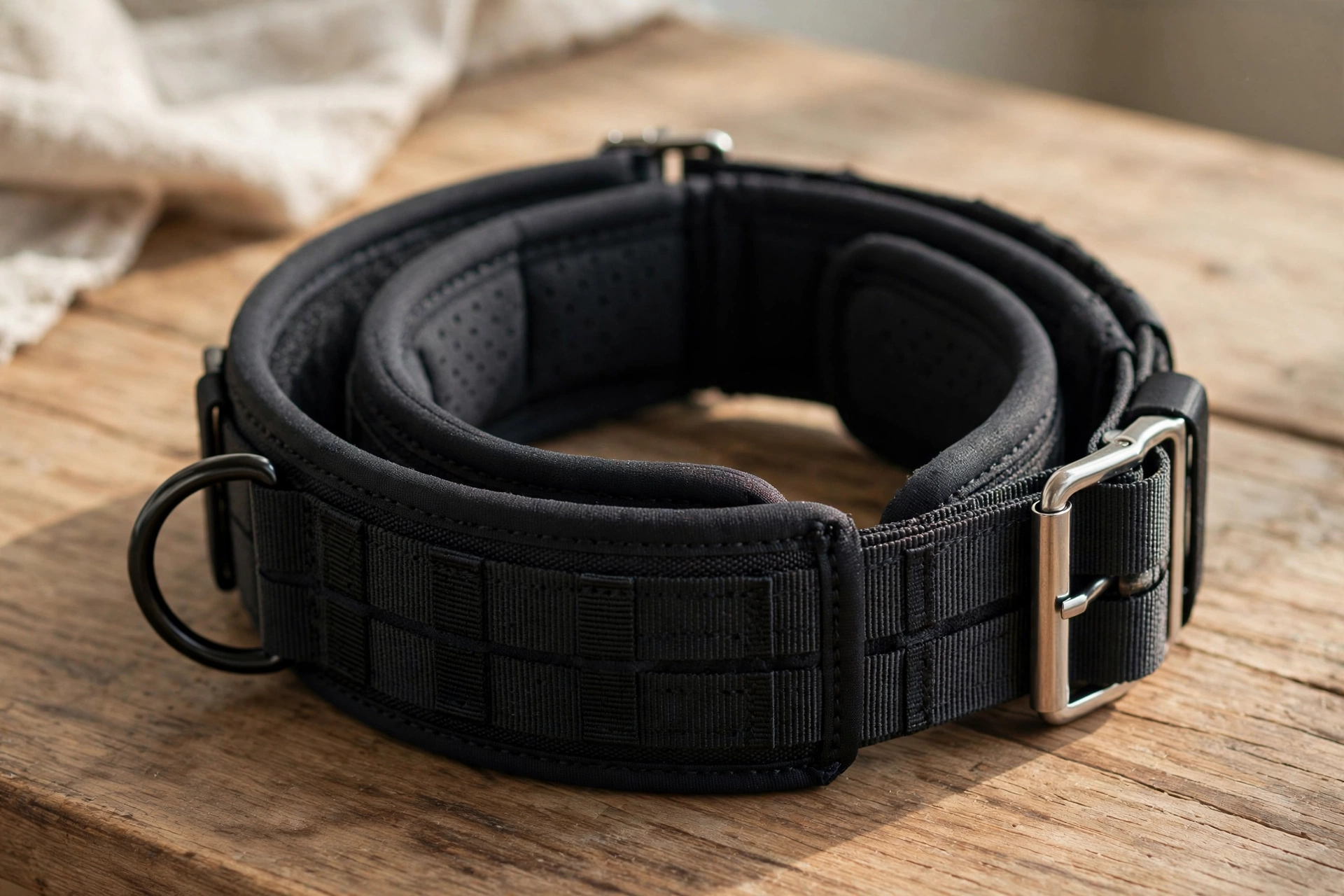 Padded tactical dog collar with rustproof metal pin buckle and neoprene lining, editorial product photo