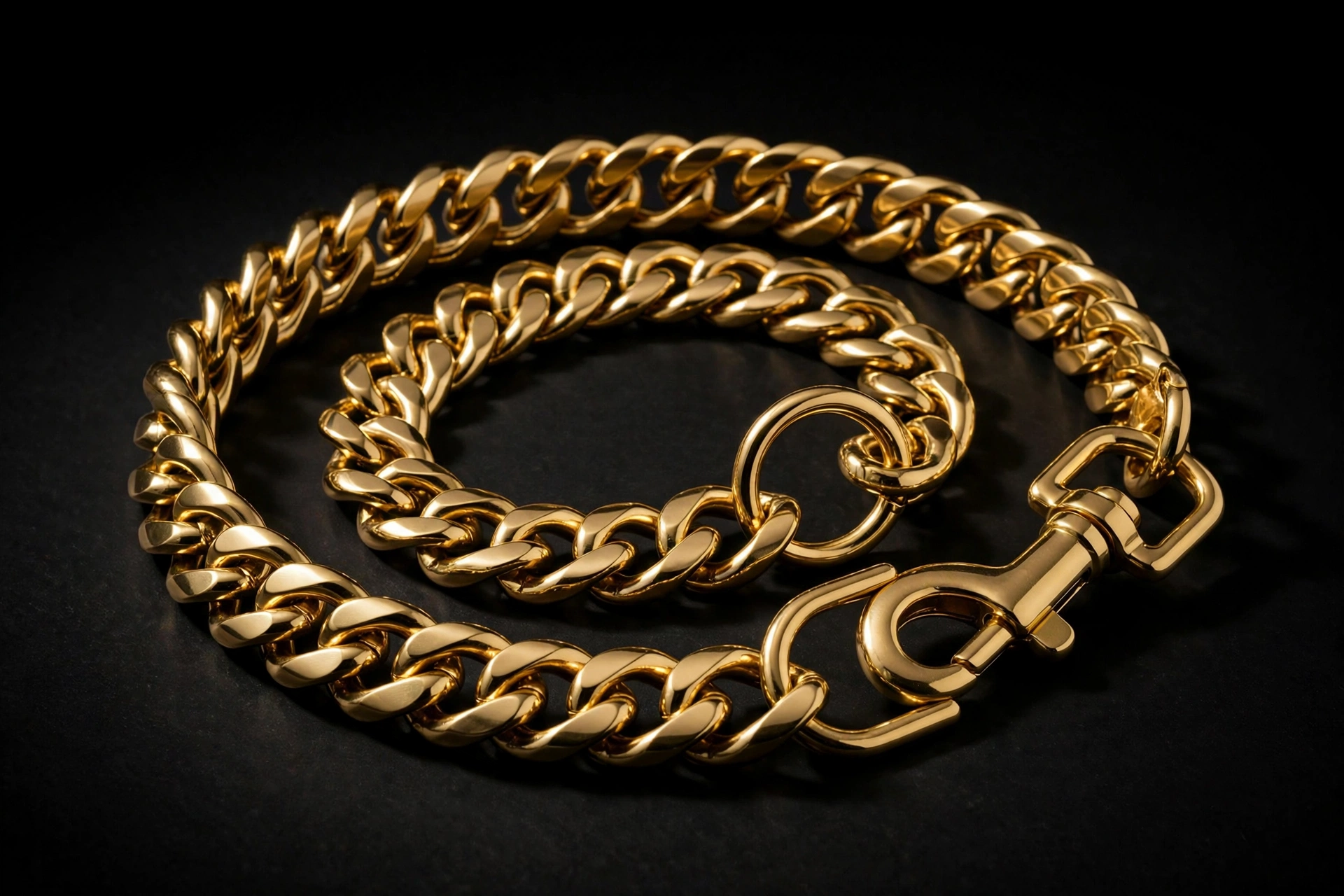 Gold cuban link stainless steel chain dog collar with secure clasp, editorial product photo