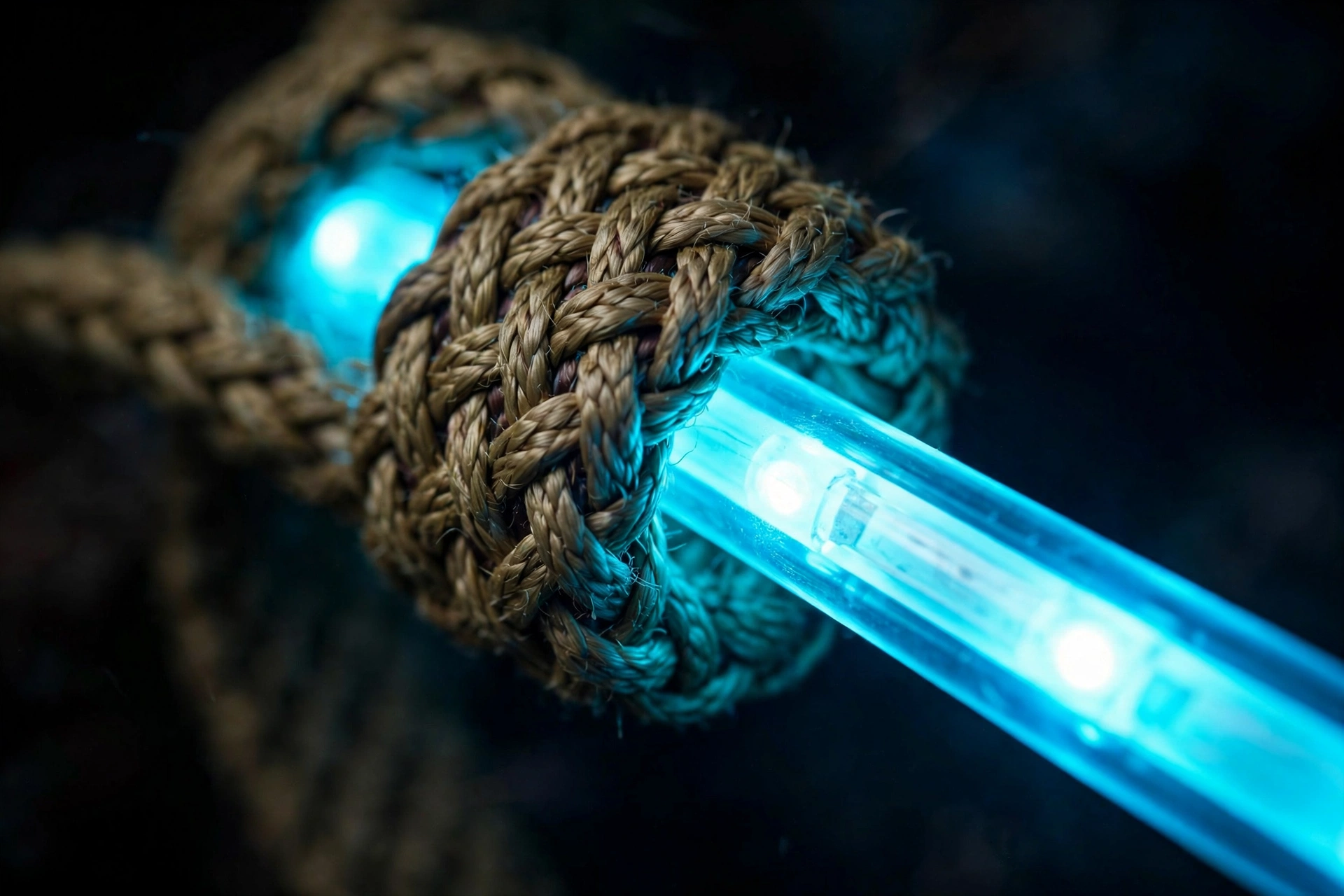 Close-up of a glowing LED tube light threaded through a dog collar