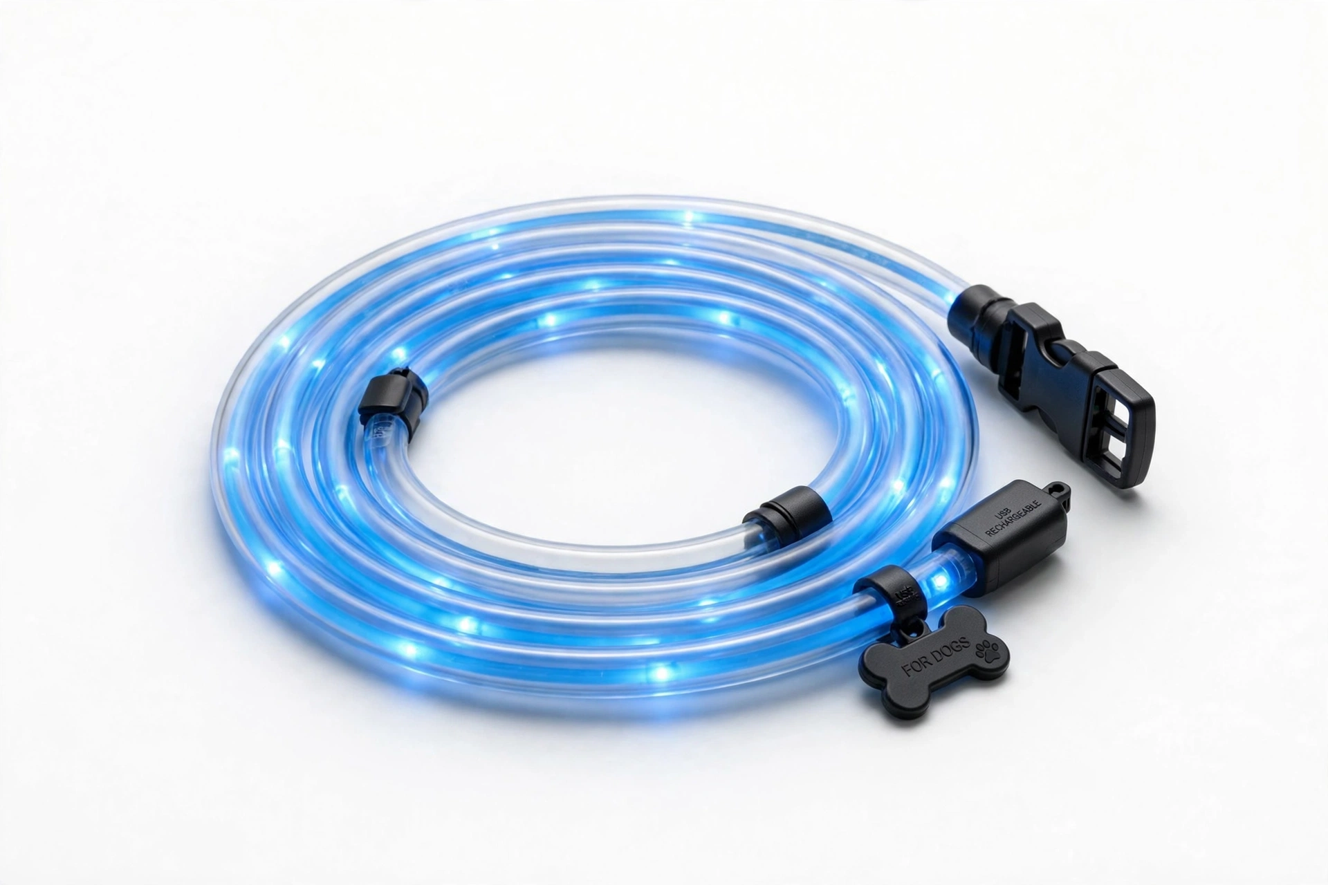 Nite Ize style LED safety necklace for dogs glowing at night