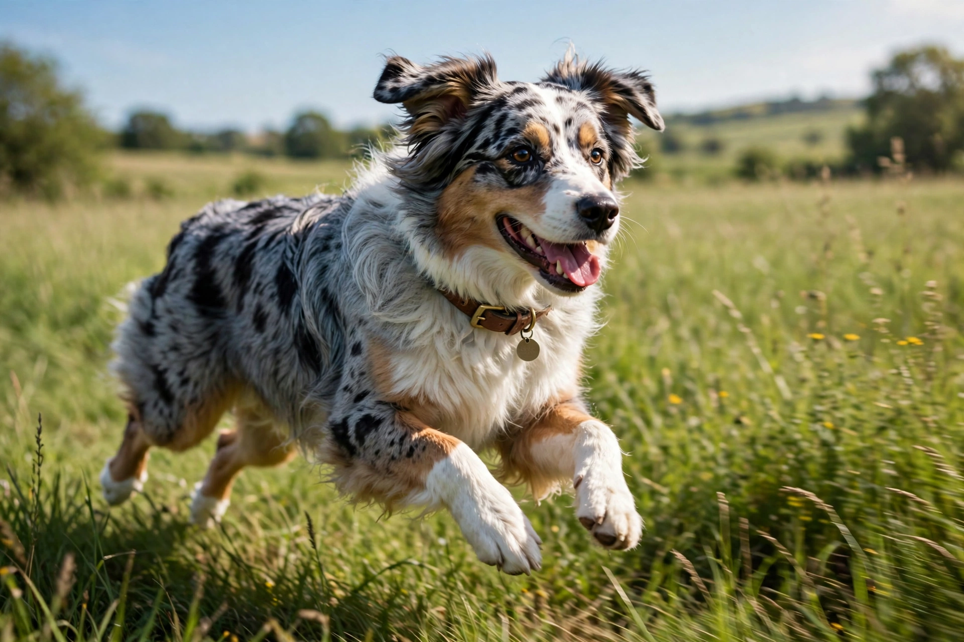 Australian Shepherd running through a field wearing a collar