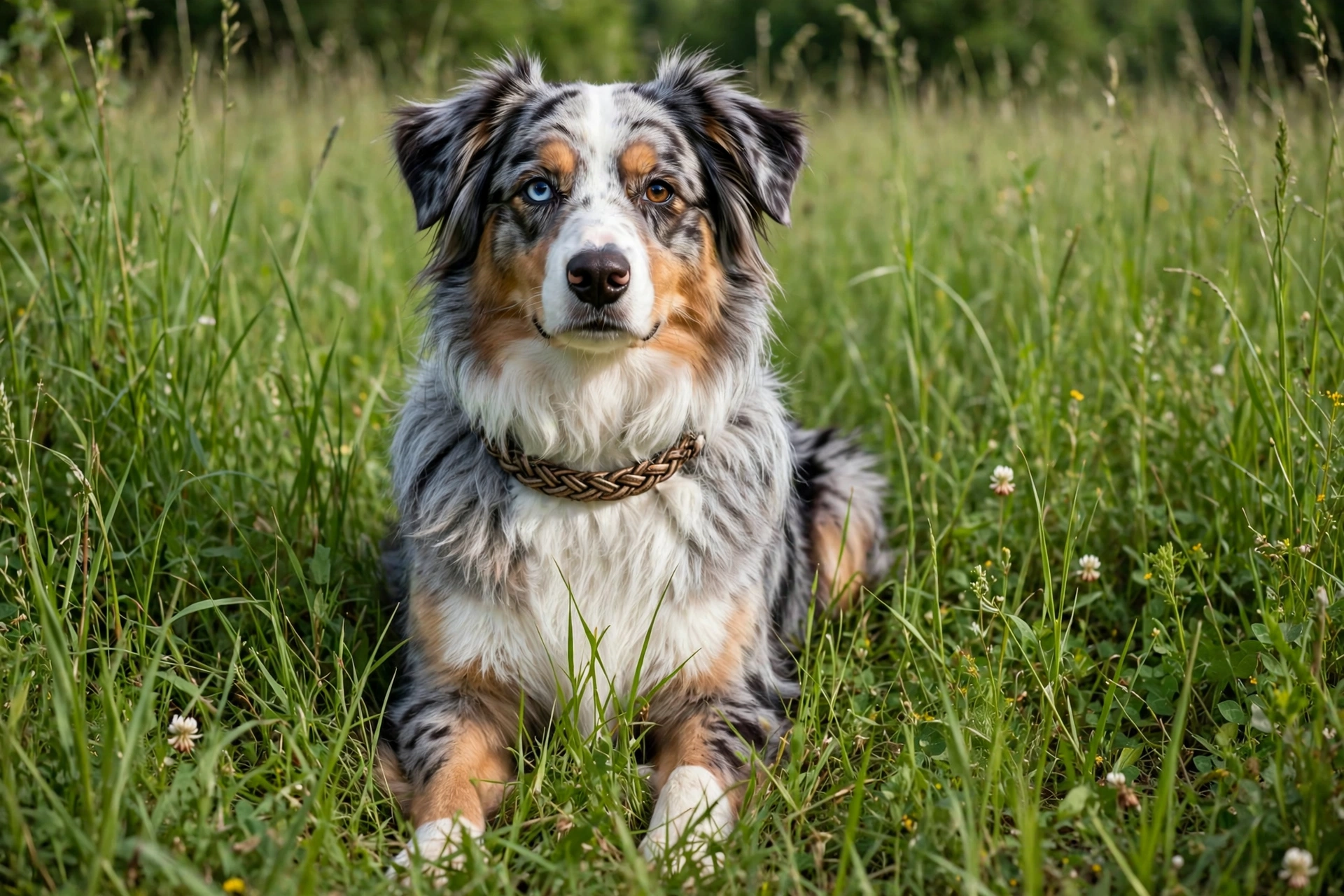 Australian Shepherd sitting in tall grass wearing a braided collar