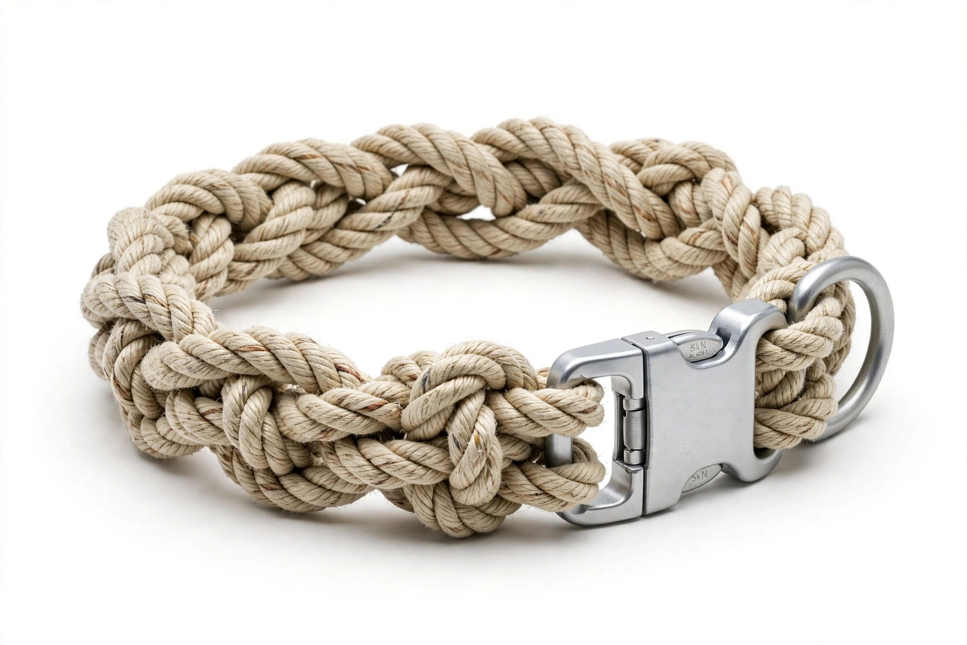 Knotted climbing-rope dog collar with metal buckle
