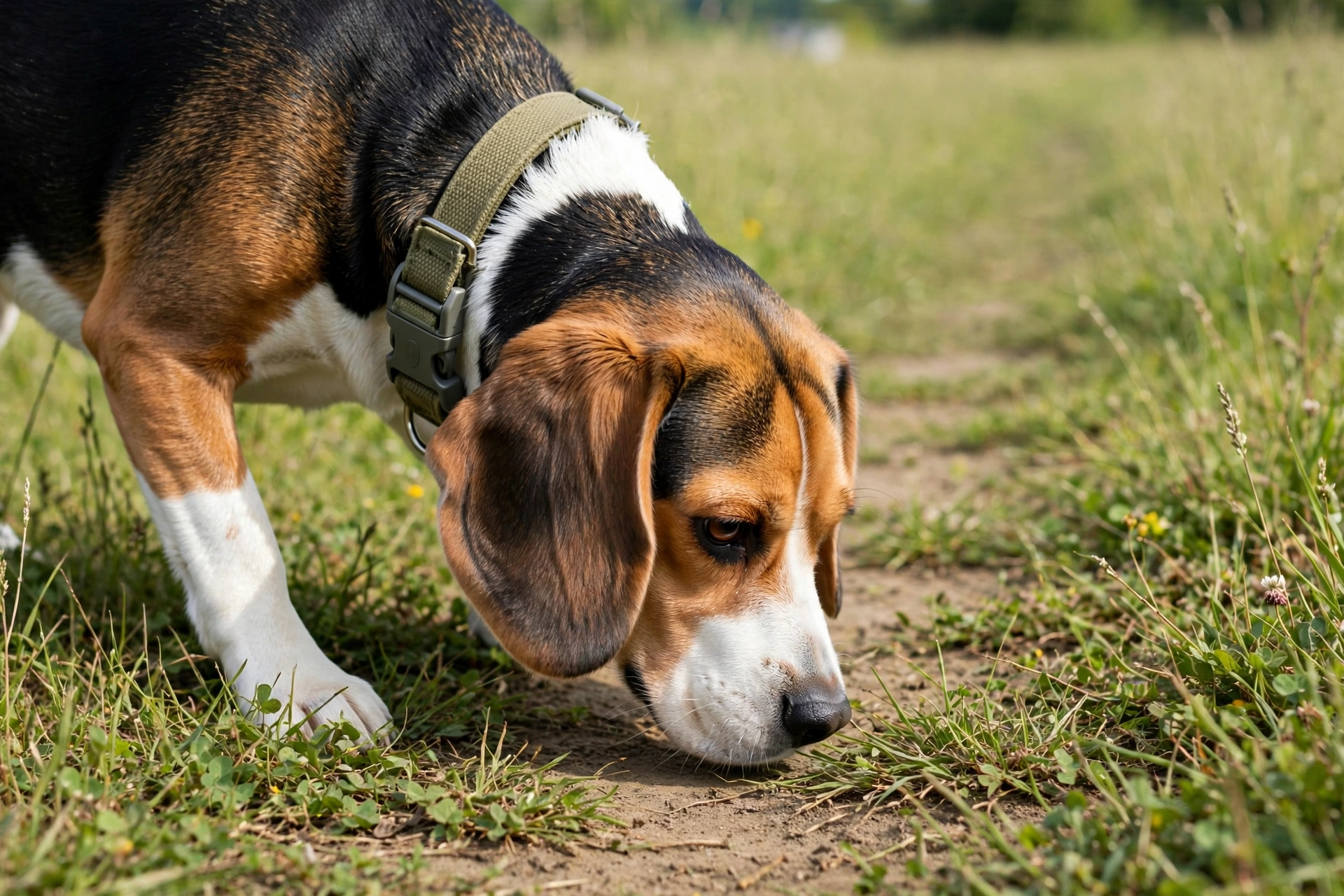 Tricolor beagle following a scent trail in a grassy field wearing a martingale collar