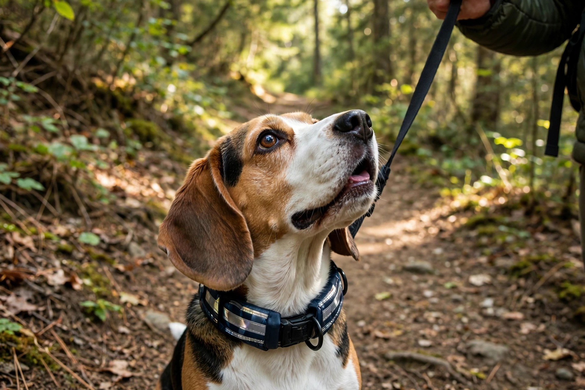 Beagle looking up at its owner on a woodland trail wearing a reflective padded collar