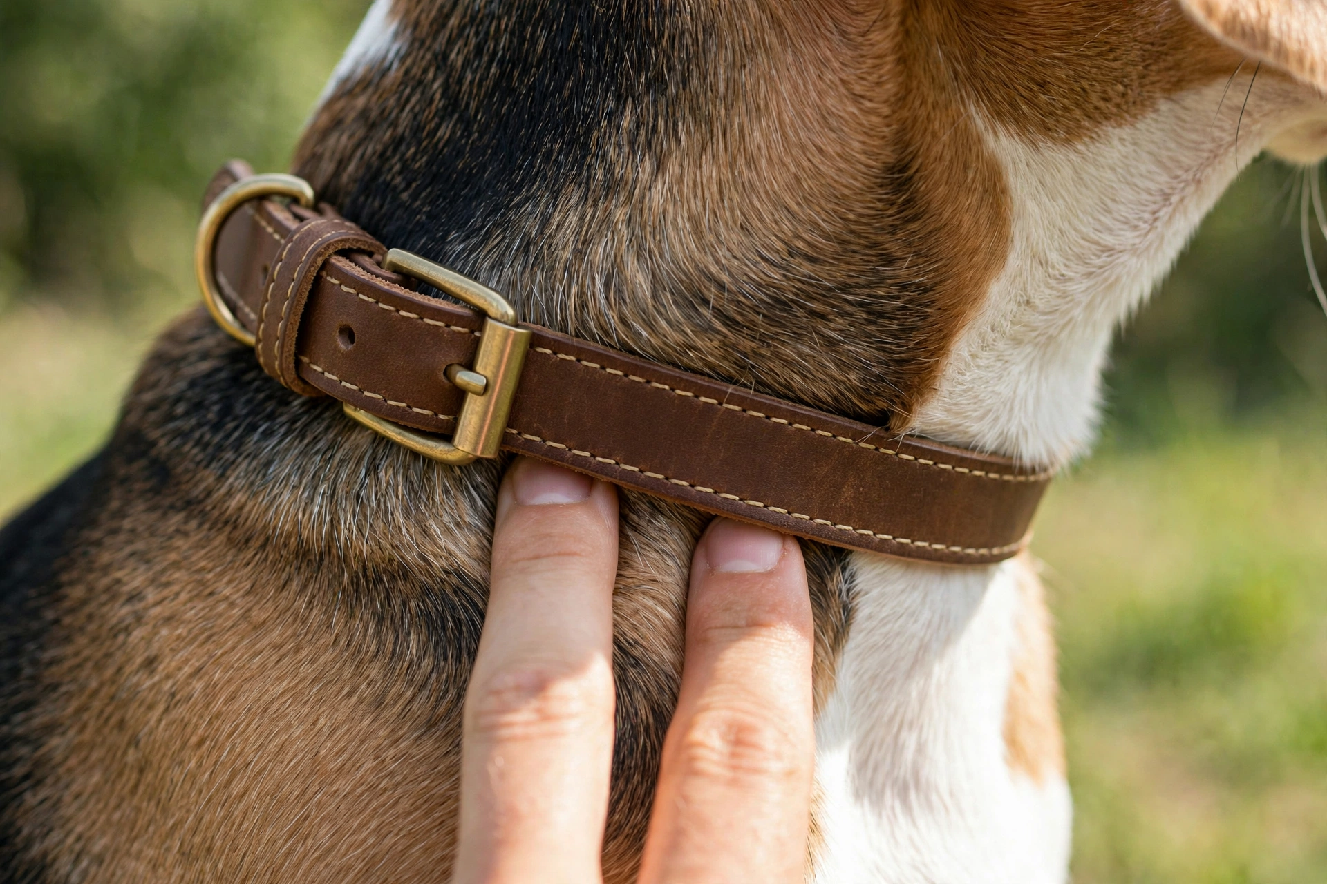 Close-up showing a well-fitted collar sitting snugly on a beagle's neck