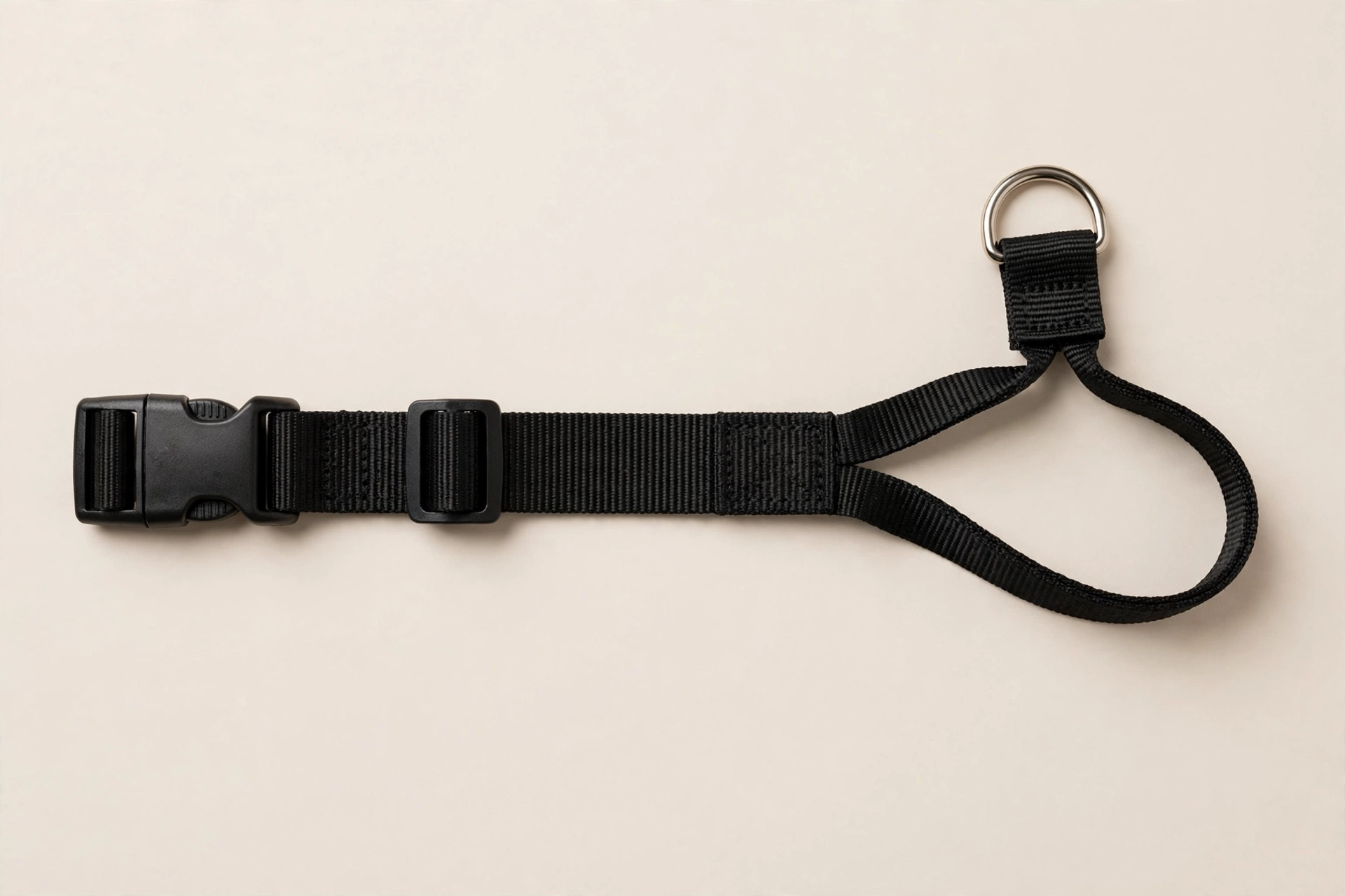 Black nylon martingale dog collar with quick-snap buckle on a beige background