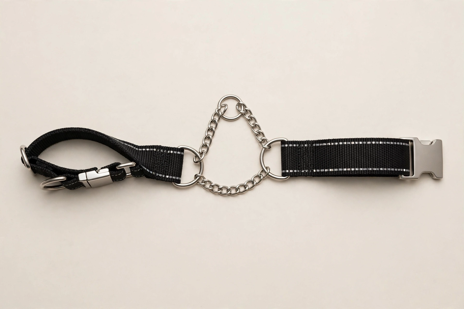 Martingale collar with stainless steel chain loop and reflective black nylon webbing