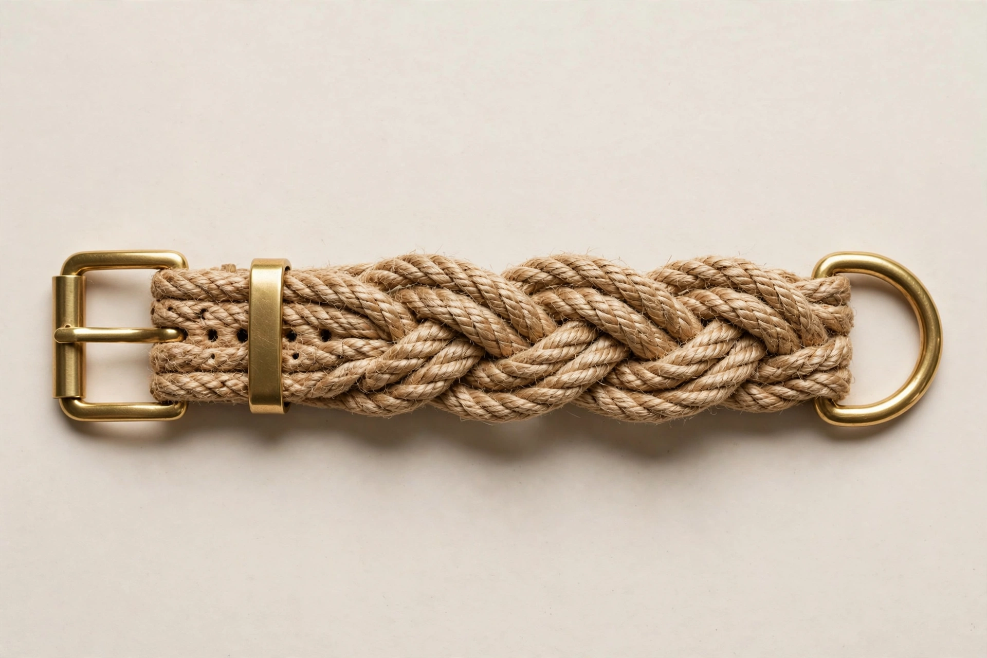 Double-braid woven dog collar with brass hardware in a natural tan color