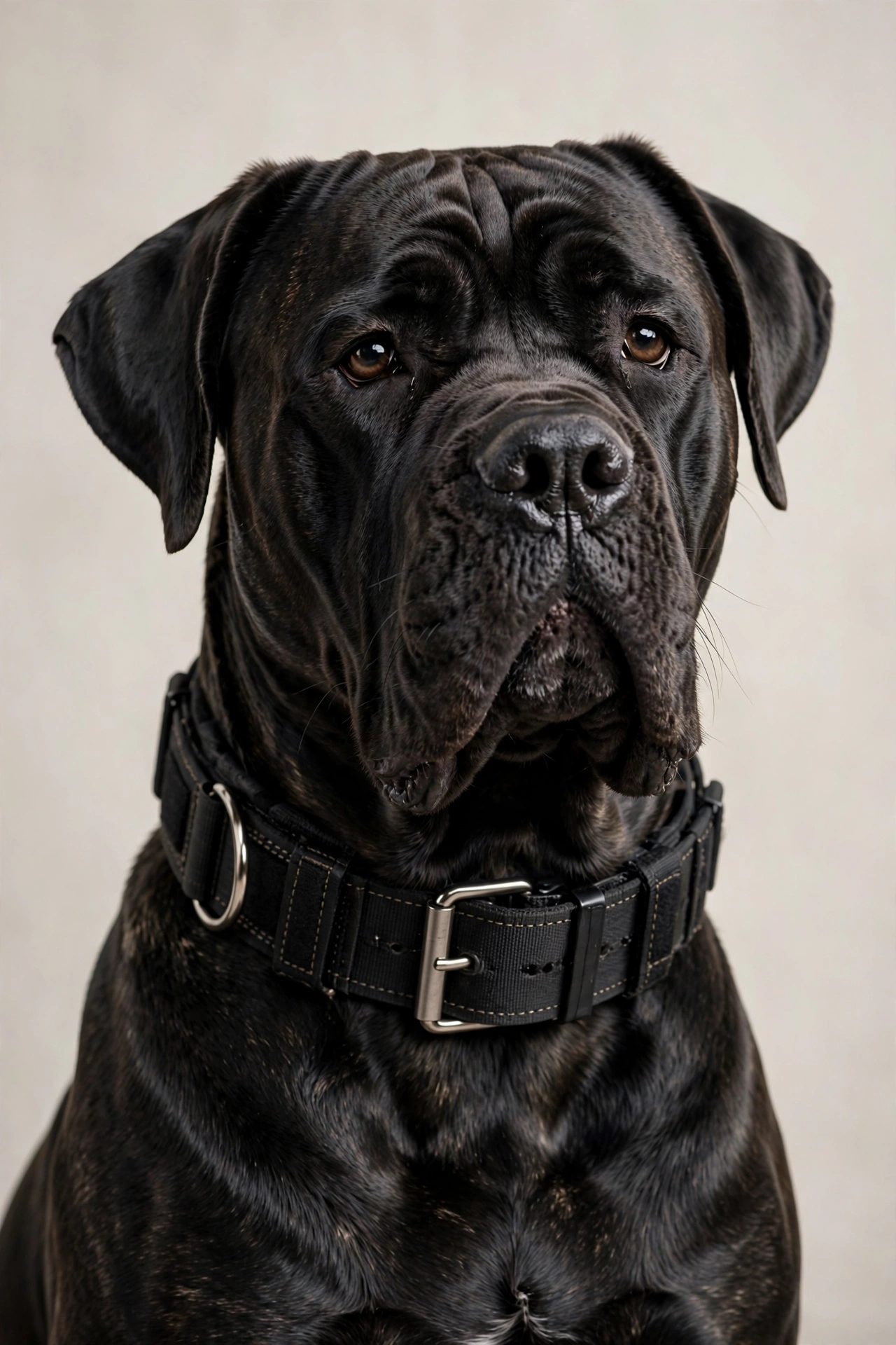 Cane Corso wearing a wide black tactical collar with metal buckle
