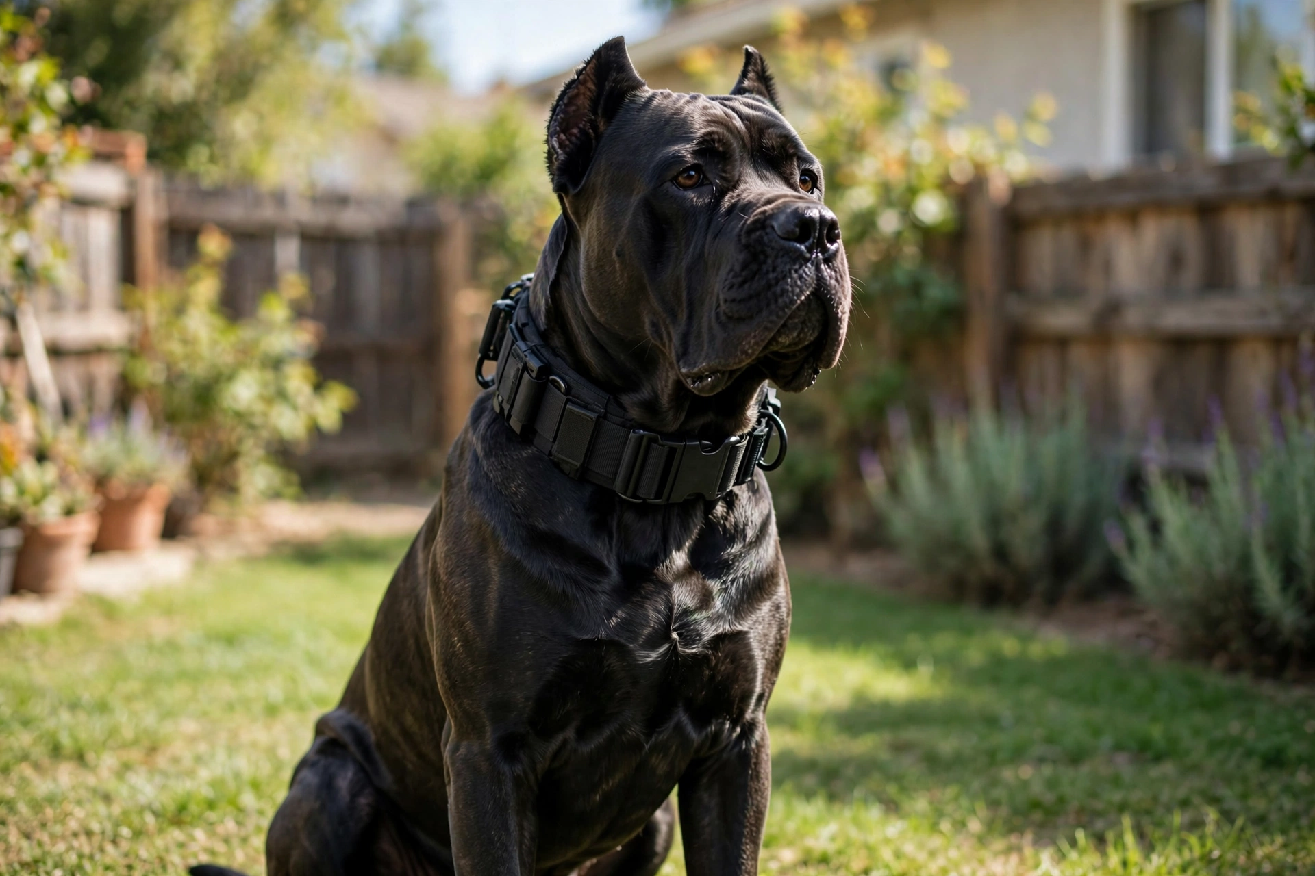 Cane Corso sitting outdoors wearing a wide tactical collar