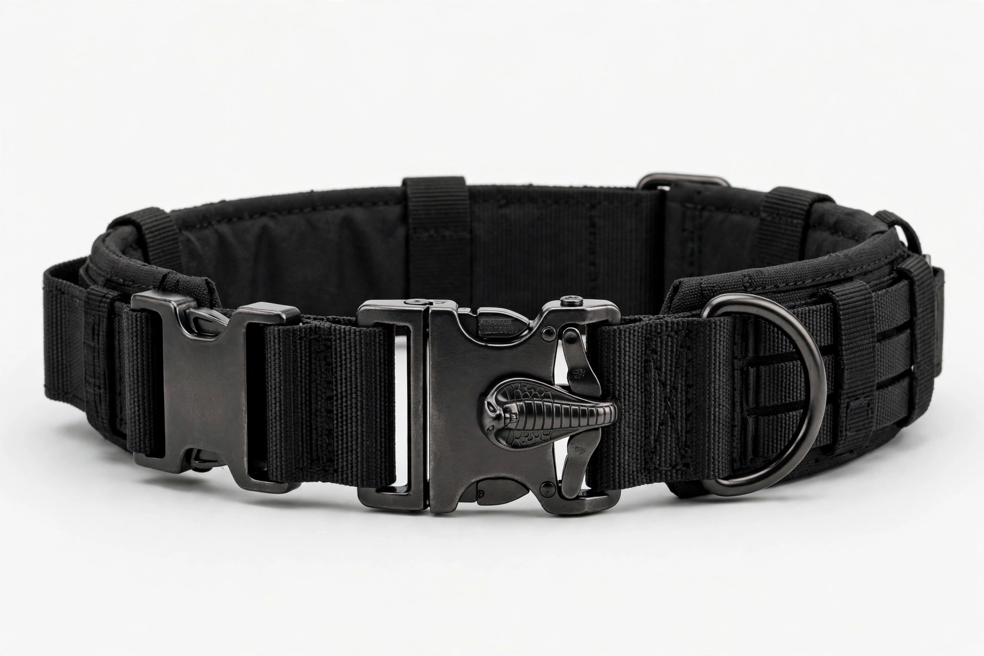 Black tactical dog collar with cobra-style metal quick release buckle