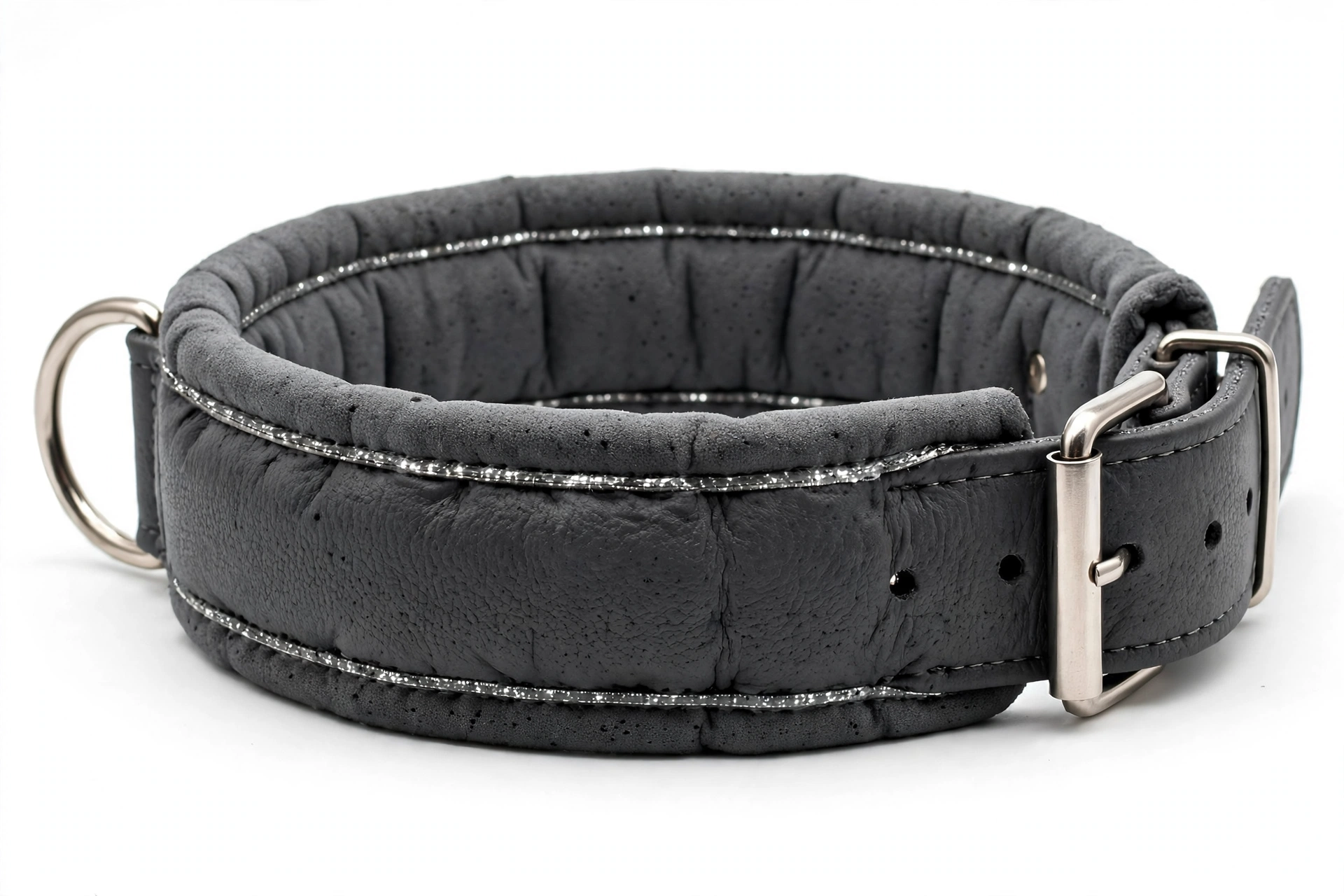 Wide padded neoprene dog collar in dark grey with reflective stitching