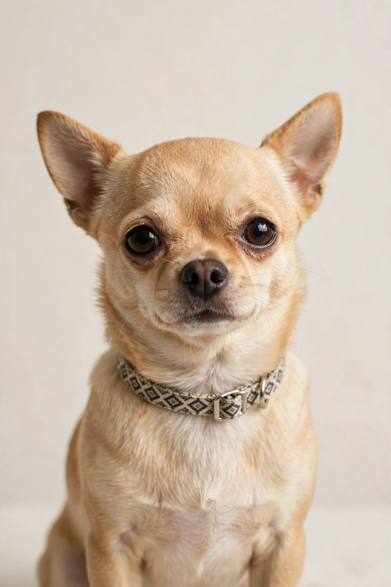 Tiny tan Chihuahua wearing a lightweight narrow patterned collar