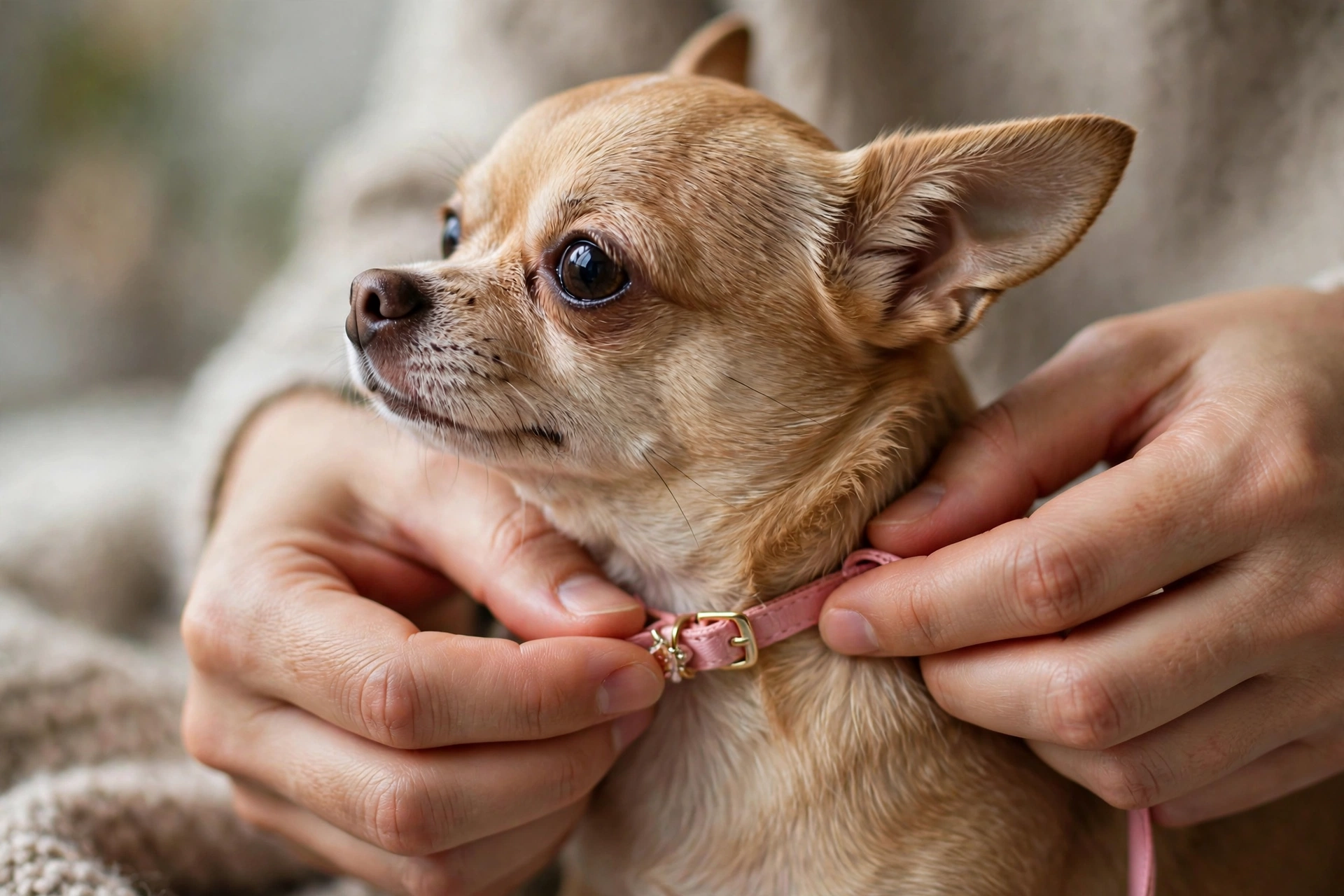 Person fitting a tiny collar on a Chihuahua