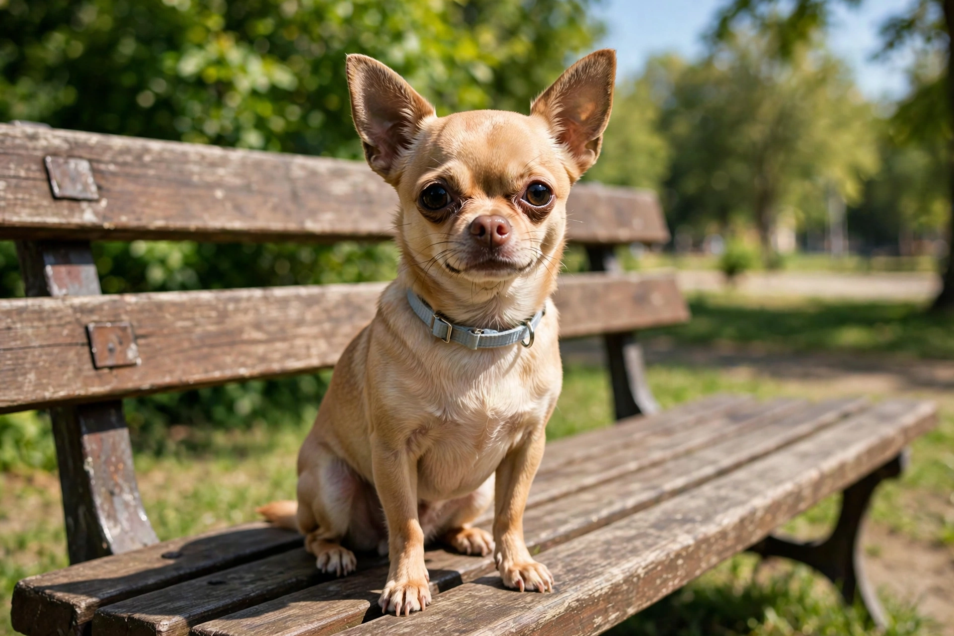 Chihuahua sitting outdoors wearing a lightweight collar
